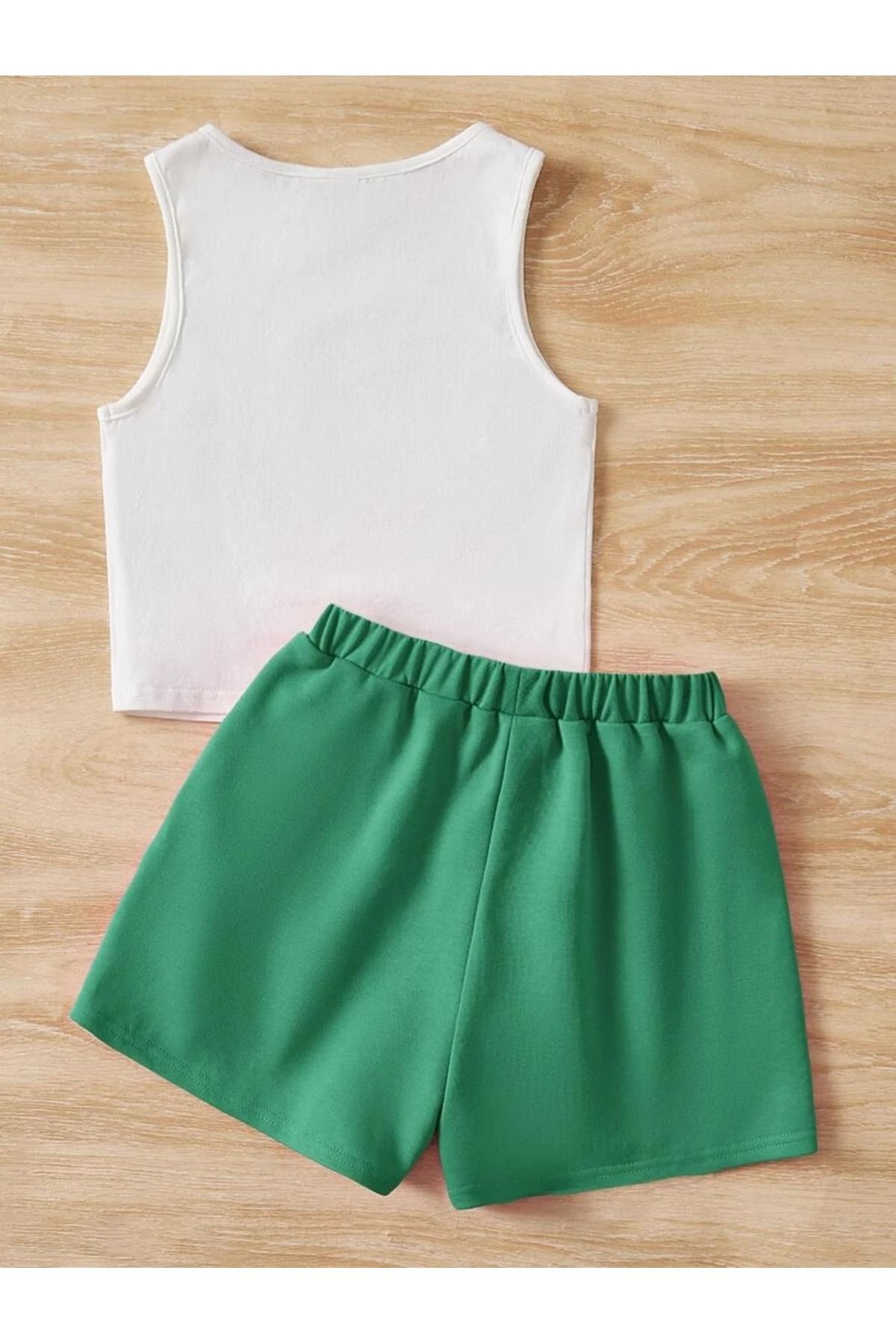 Kız Çocuk Crop ve Cepli Mint Şort Takım