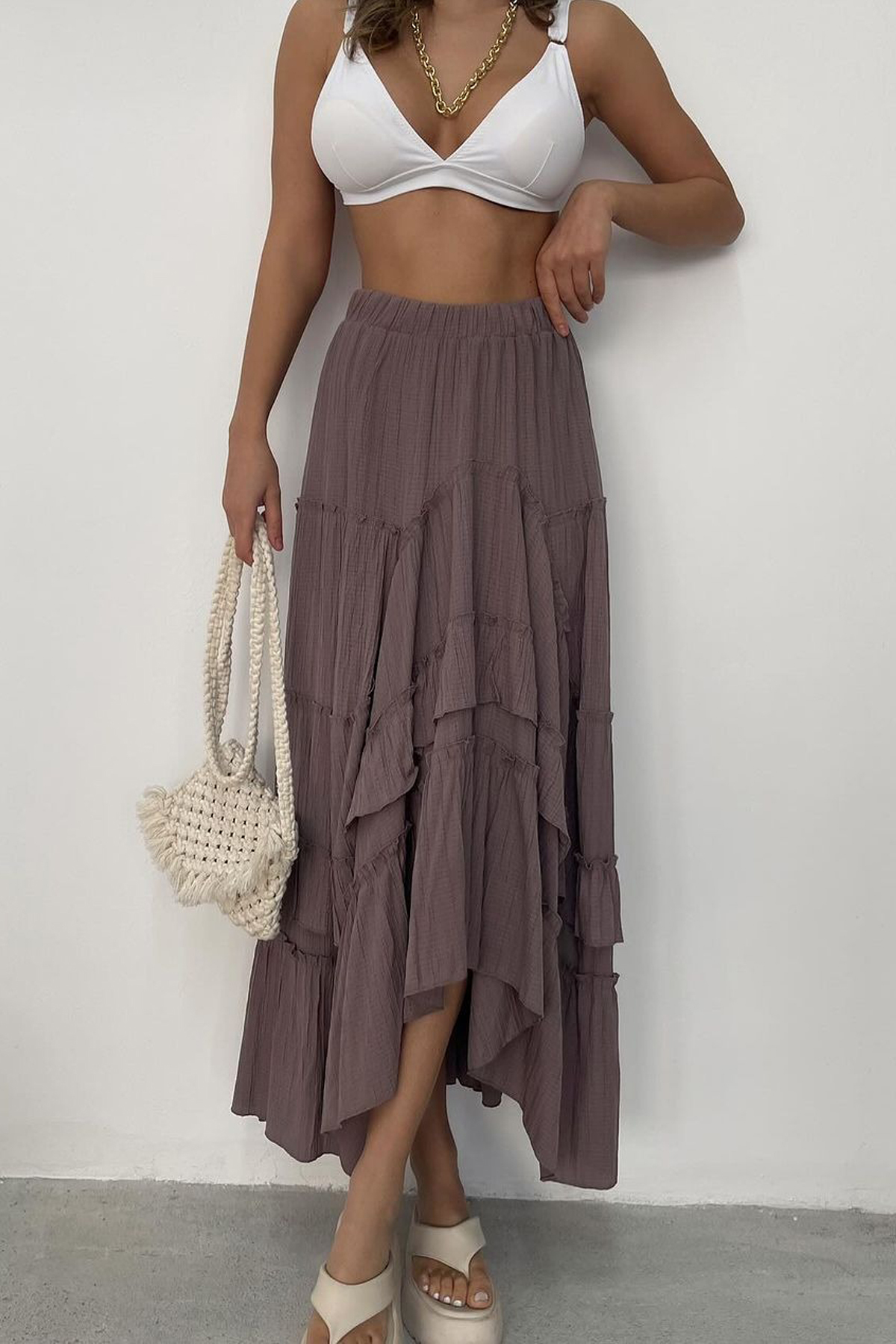 Ortaya Çık  Mürdüm Asimetrik Gofre Kumaş Beli Lastikli Etek - Görsel 5