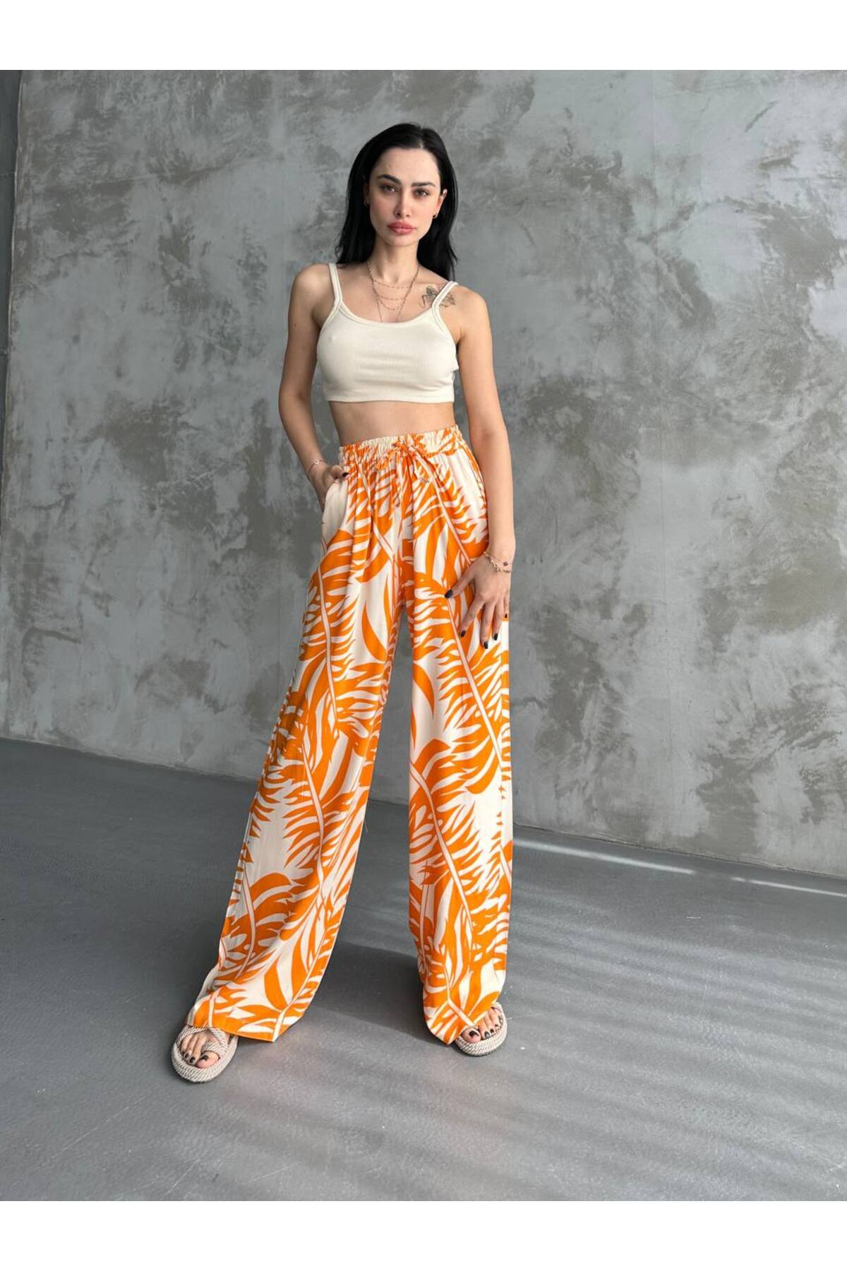 Pantalon large en lin, taille élastique, poches, jambe ample - Görsel 5