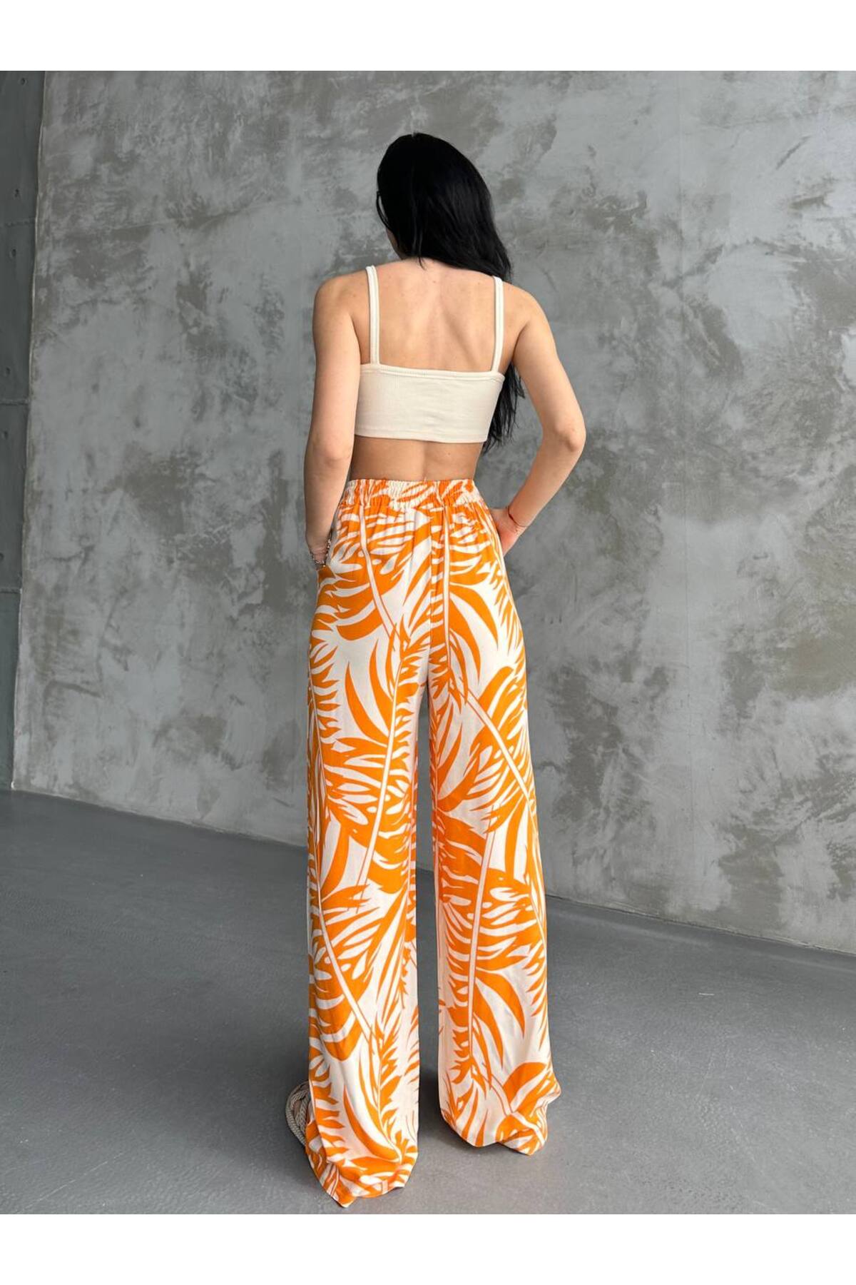 Pantalon large en lin, taille élastique, poches, jambe ample - Görsel 6