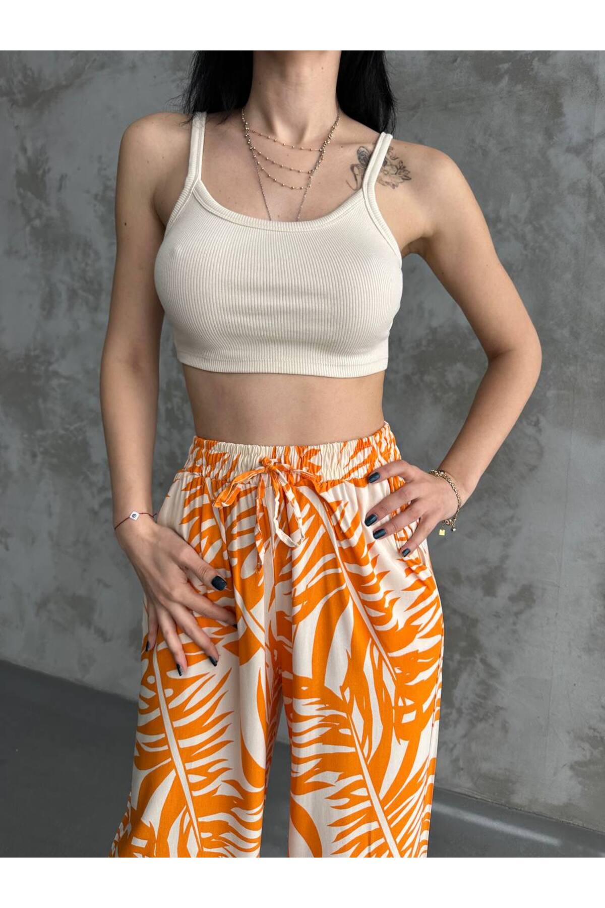 Pantalon large en lin, taille élastique, poches, jambe ample - Görsel 2