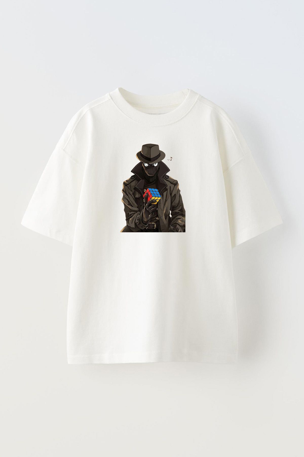 NMG TEKSTİL Tricou Alb Supradimensionat Din Bumbac - Imprimat Cu Masca Si Cub De Inteligență Unisex - M