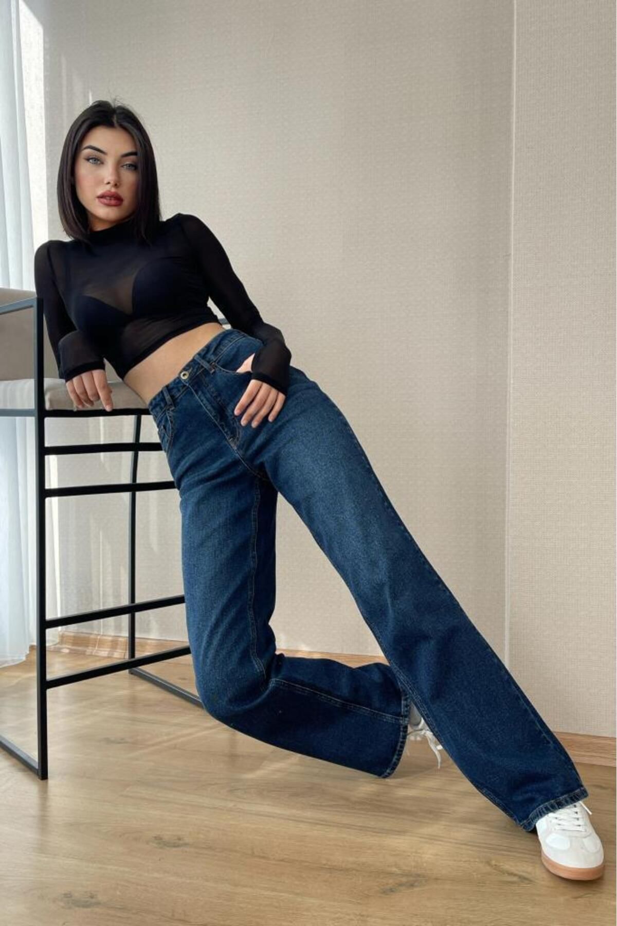 HLT JEANS Темно-синие женские широкие джинсы с высокой талией и лайкрой, гибкие джинсовые брюки JESSICA-KYBLUE