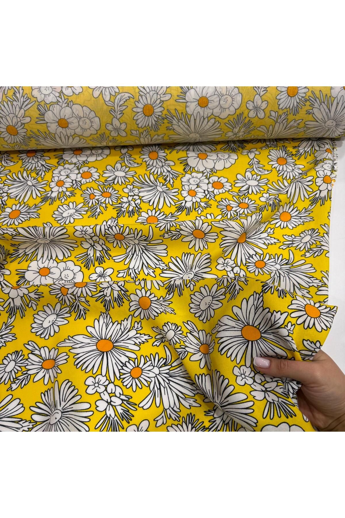 Yaren Ülker-Daisy Patterned Imported Viscose Fabric - 100% Cotton, Width 150 cm 4