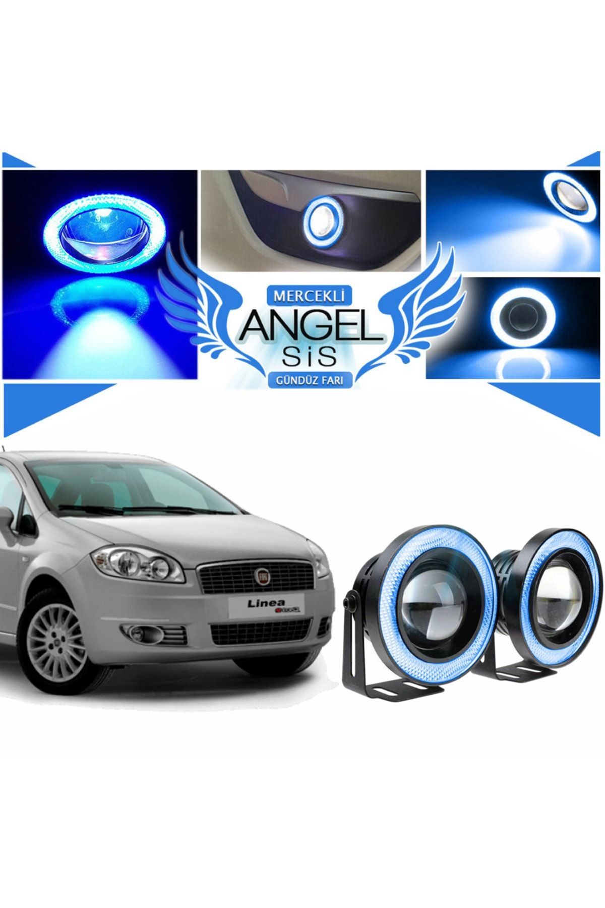 STS Oto Aksesuar Fiat Linea Uyumlu, Universal Mercekli Led Angel Sis Farı, 76mm Buz Mavi Renk