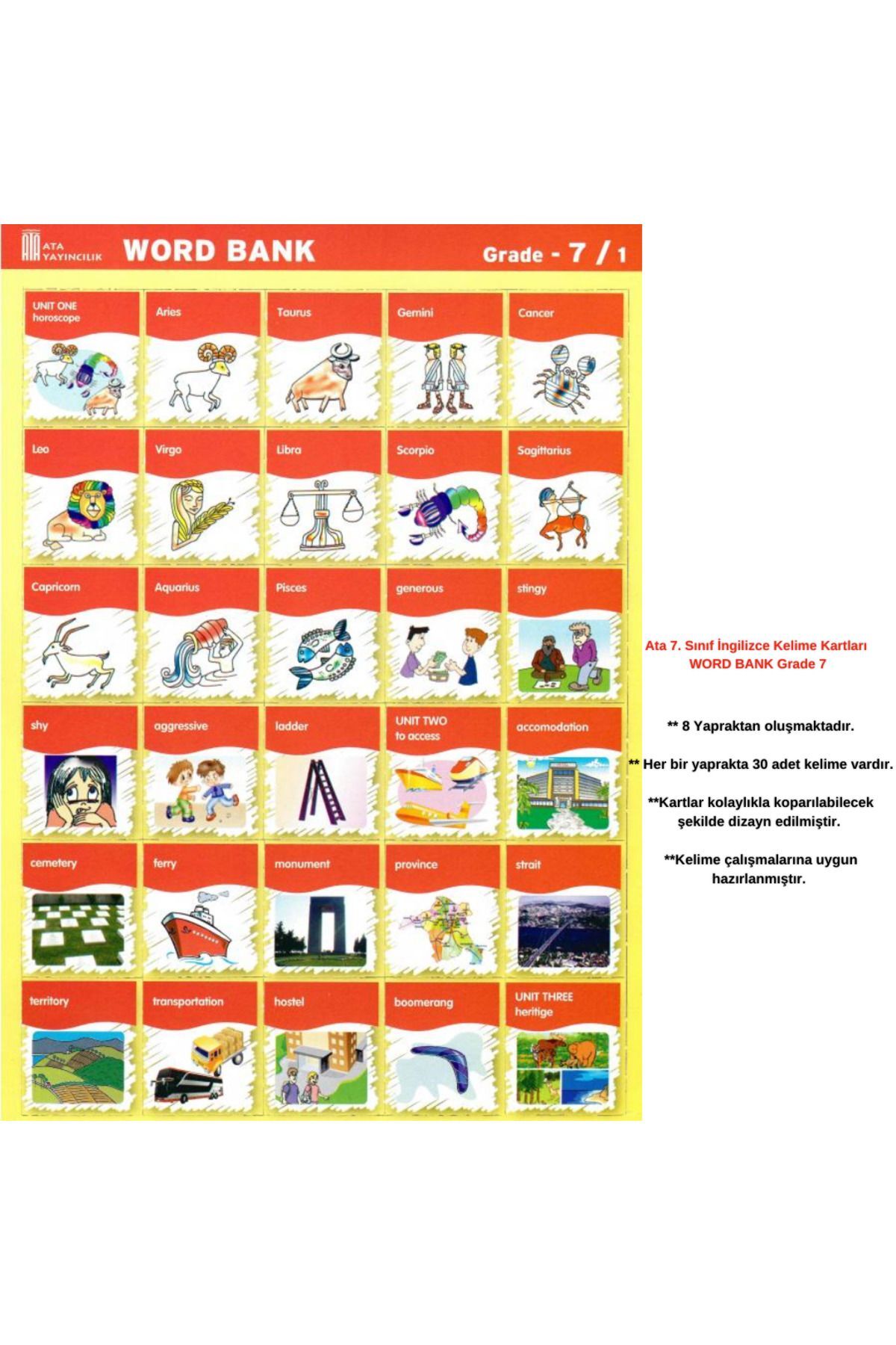 Ata Yayıncılık 7. Sınıf Ingilizce Kelime Kartları Word Bank Grade 7 Ata Yayıncılık