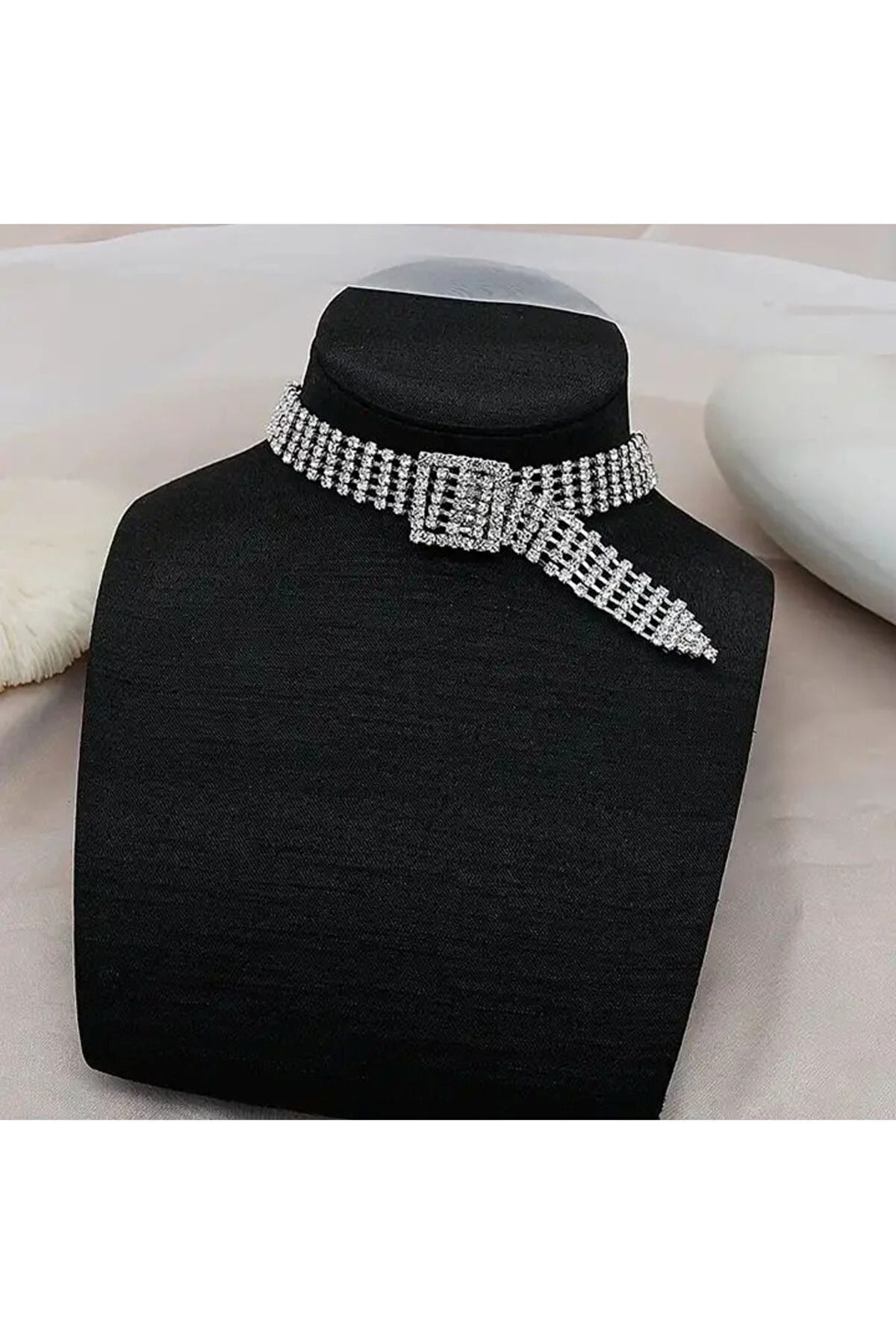 Kristal Taşlı Kemer Choker Kolye Tasarım Su Yolu Kolye Taşlı Choker Gümüş Kaplama Kemer