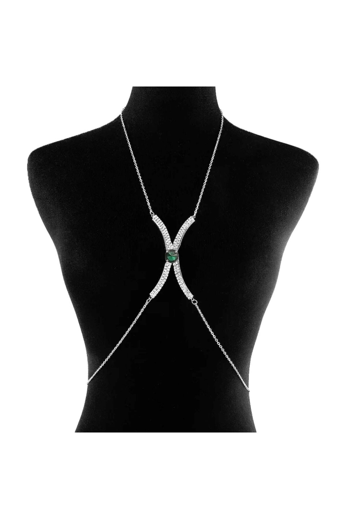 Kristal Yeşil Taşlı Vücut Aksesuarı Göğüs Bikini Sütyen Takısı Dekolte Zinciri Gümüş Kaplama