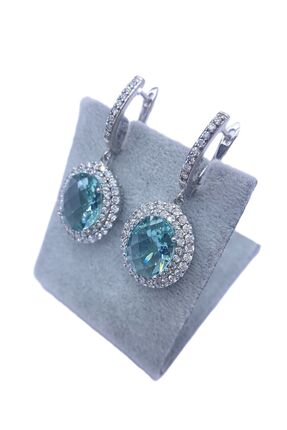 ERU JEWELLERY Işıltılı Zirkon Pırlanta Taşlı Aquamarin Şık Kadın Gümüş Küpe -...