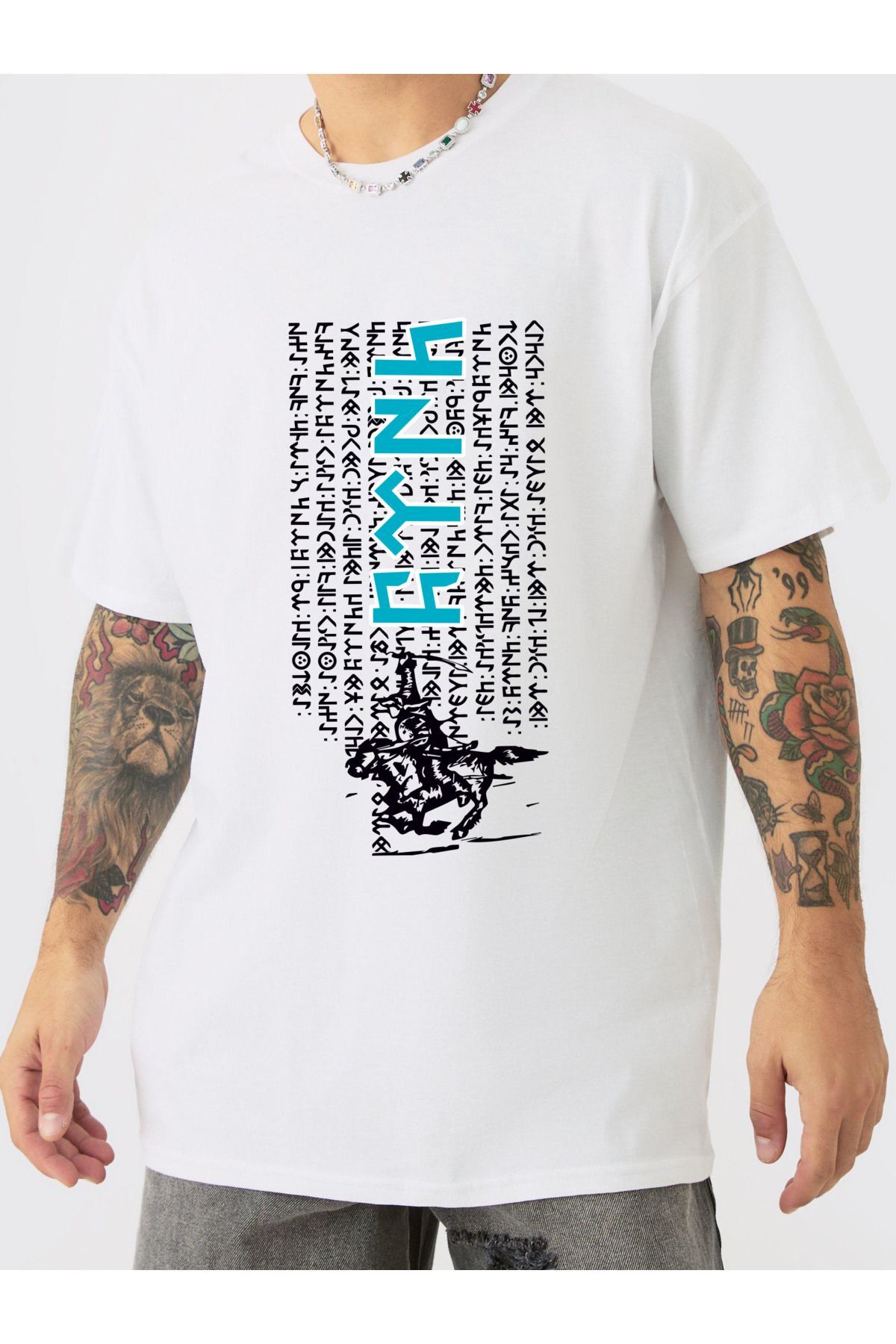 Göktürk Alphabet Special design Oversize T-shirt Orhun inscriptions Turkish Printed blue pre-printed