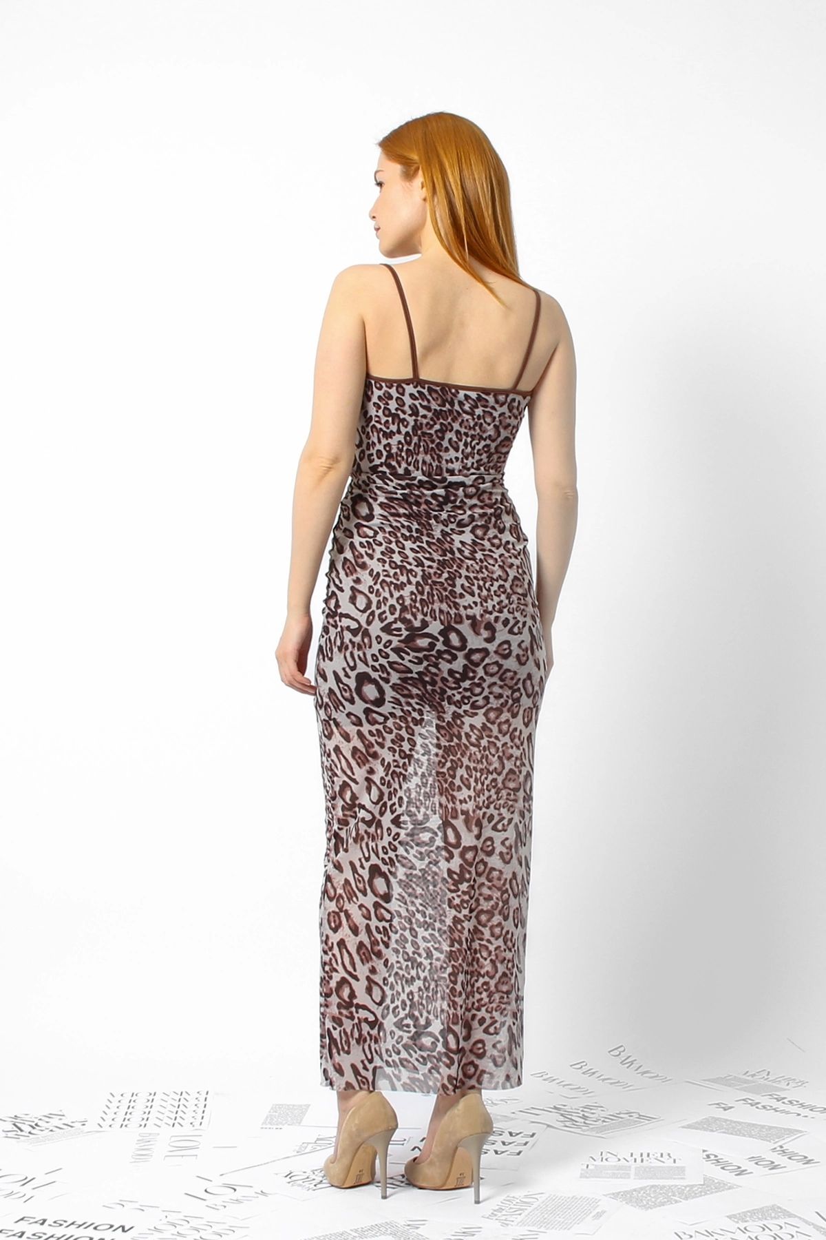 Bak Moda Strappy Leopard Print and Tulle Detailed Long Dress Trendyol