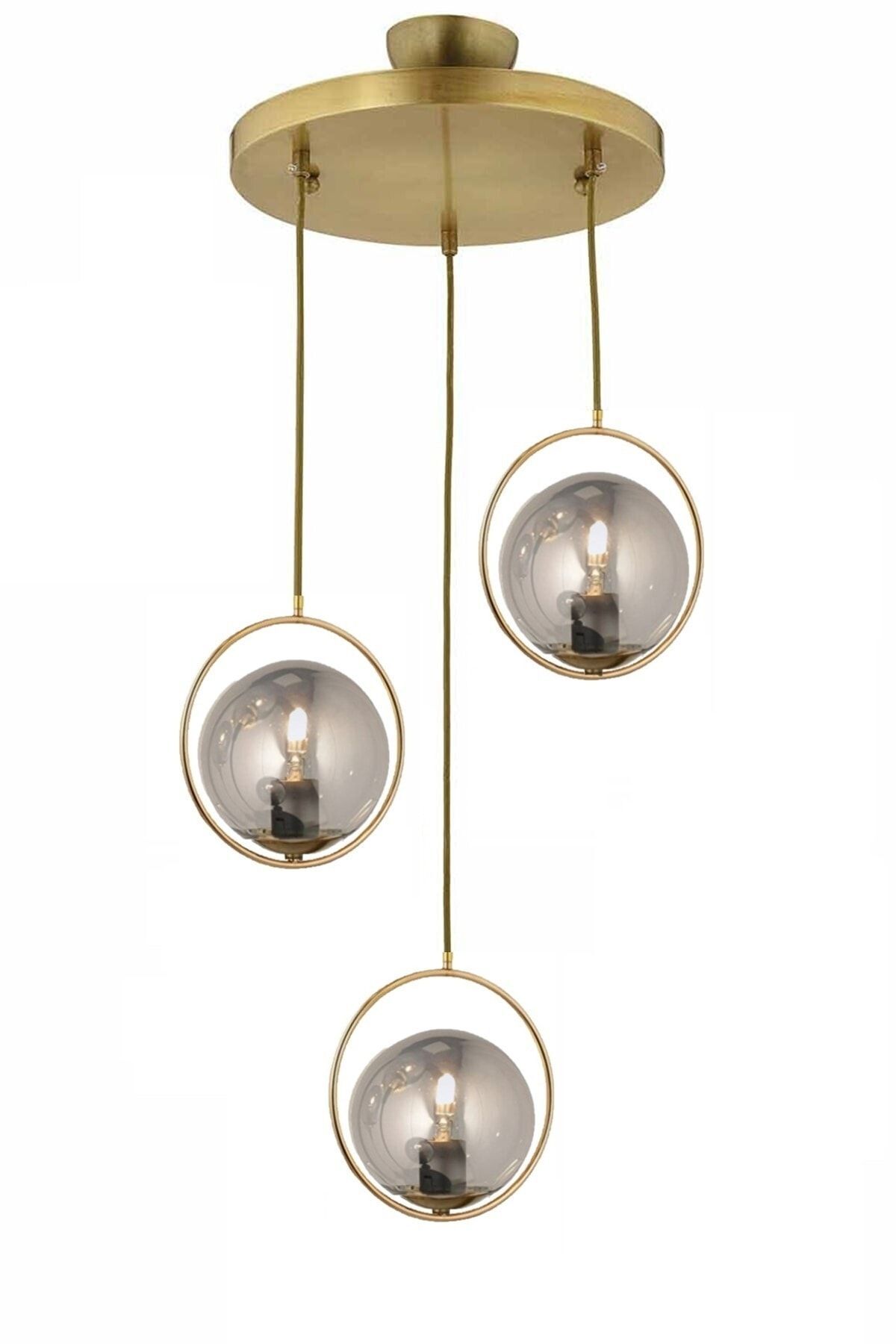 Modern Smoked Globe Glass Apartment Model Triple Gold Pendant
