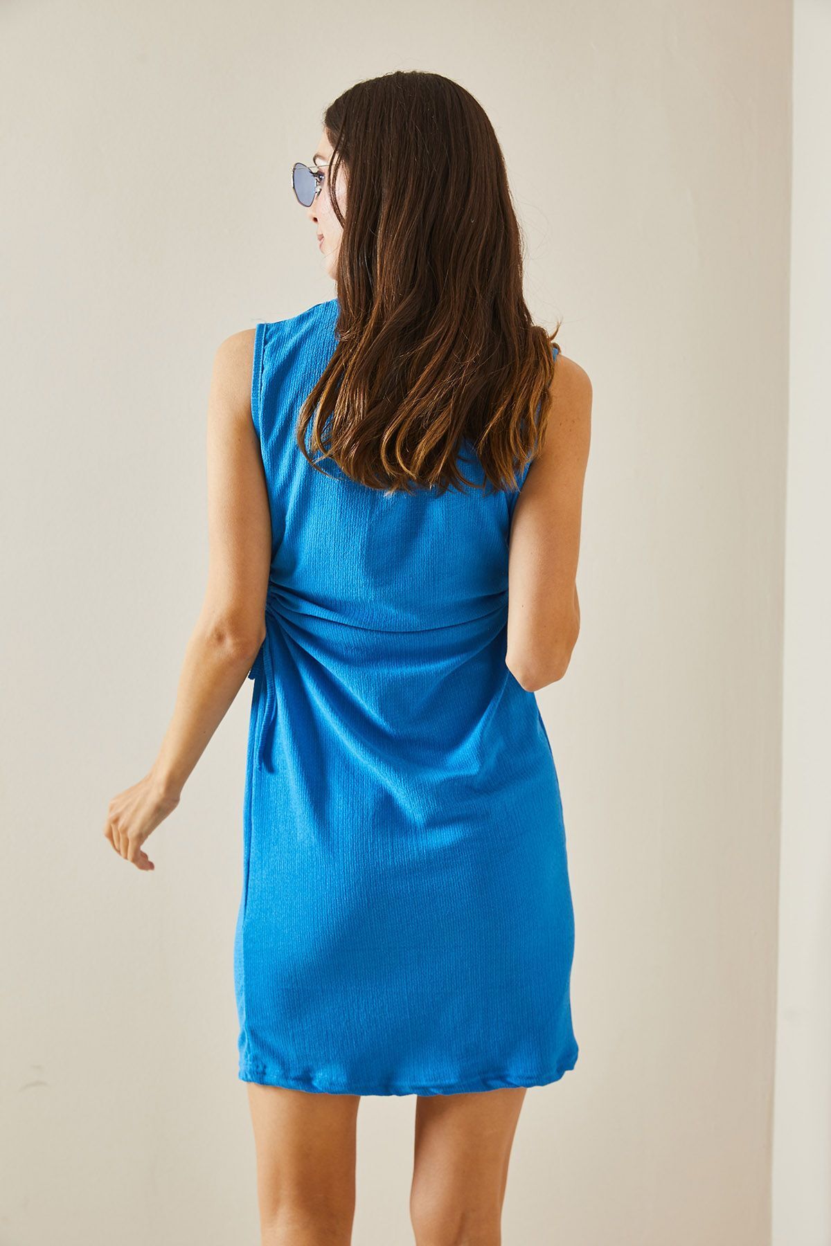 Saks Büzgü Detaylı Askılı Örme Midi Elbise 5YXK6-48533-15