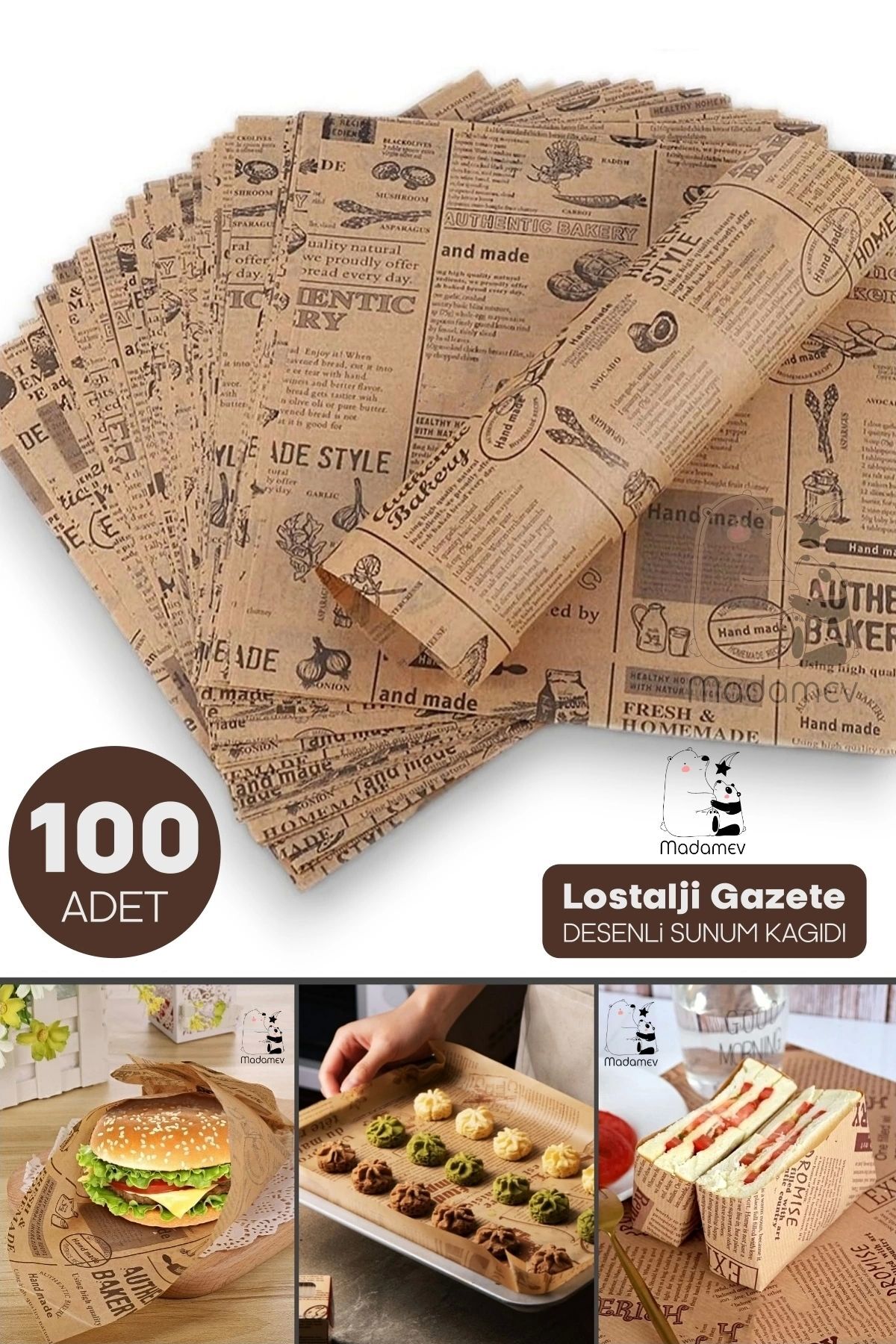 Tilbe Home 100lü Breakfast Desenli Yağlı Kağıt Vintage Gazete Desen Aparatif Kağıdı Mutfak Servis Sunum Kağıdı