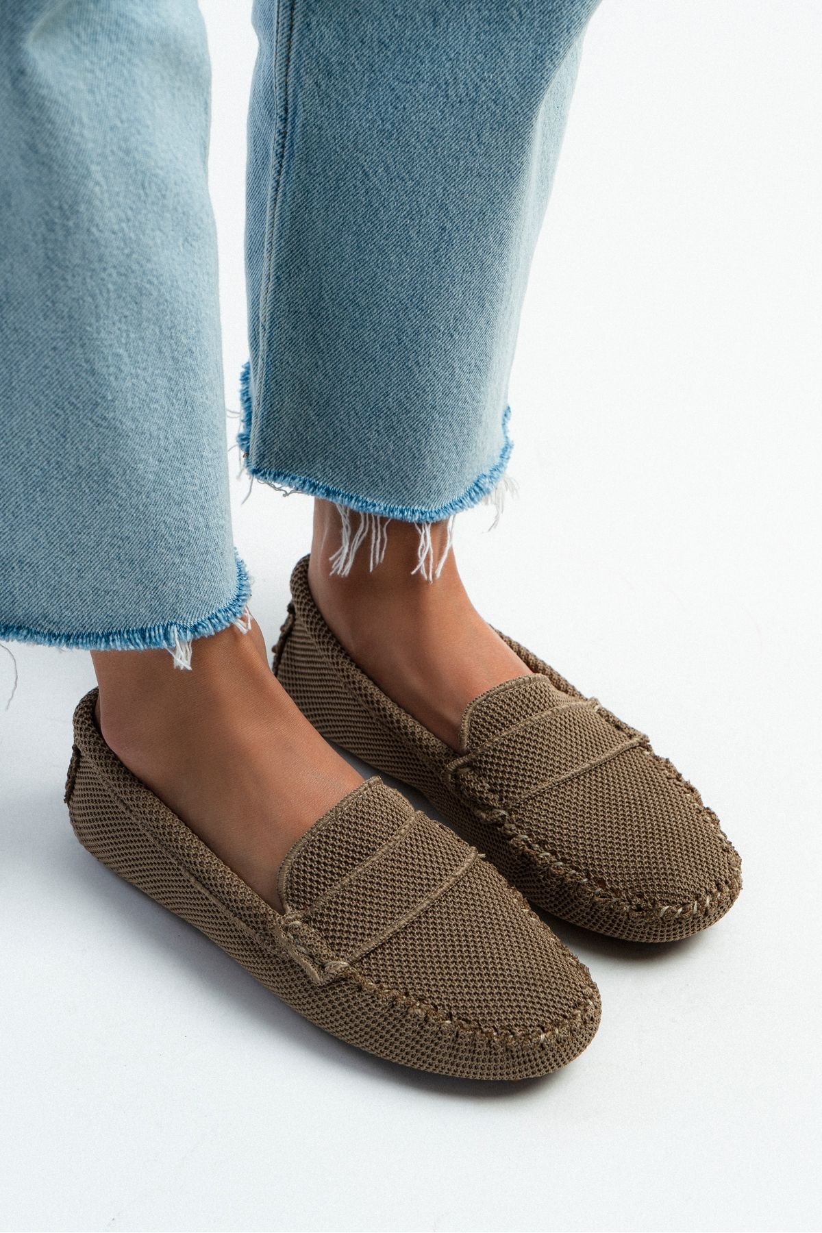 NİŞANTAŞI SHOES Astoria Dark Beige Damskie Dzianinowe Baleriny - Skórzana Płaska Podeszwa Kobieta - 38