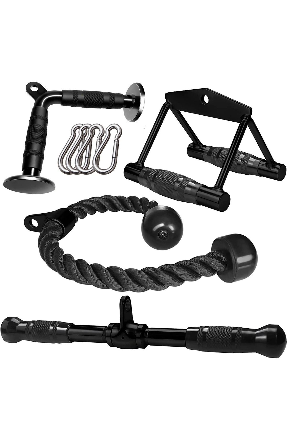 FinxSport Fitness Lat Pushdown Bar - Rowing Bar - Triceps Halatı - V Bar Biceps / Triceps Aparat Seti 4'lu