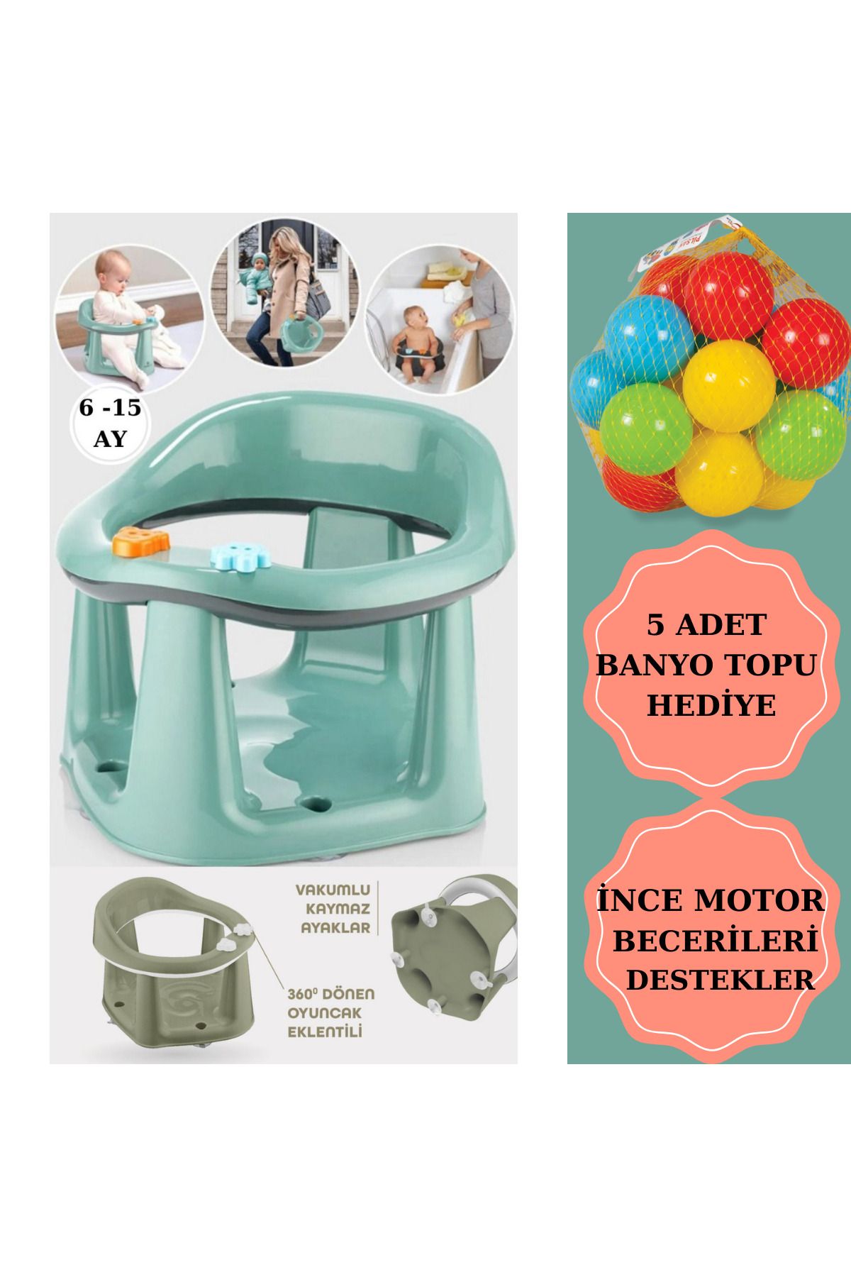 Zuu Baby Bebek Banyo Oturağı - Vakum Tabanlı Bebek Mama Oturağı - Bel Destekli Vakumlu Mama, Yeşil 5 Top