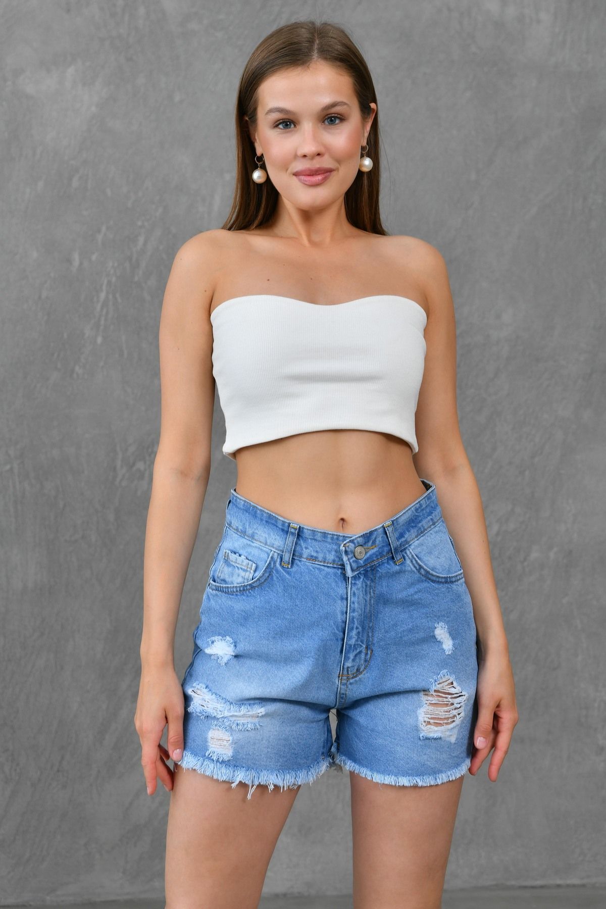 vuvutasarım-Ripped Blue Denim Shorts mit hoher Taille ohne Lycra Ripped Blue Denim Shorts 70344 8