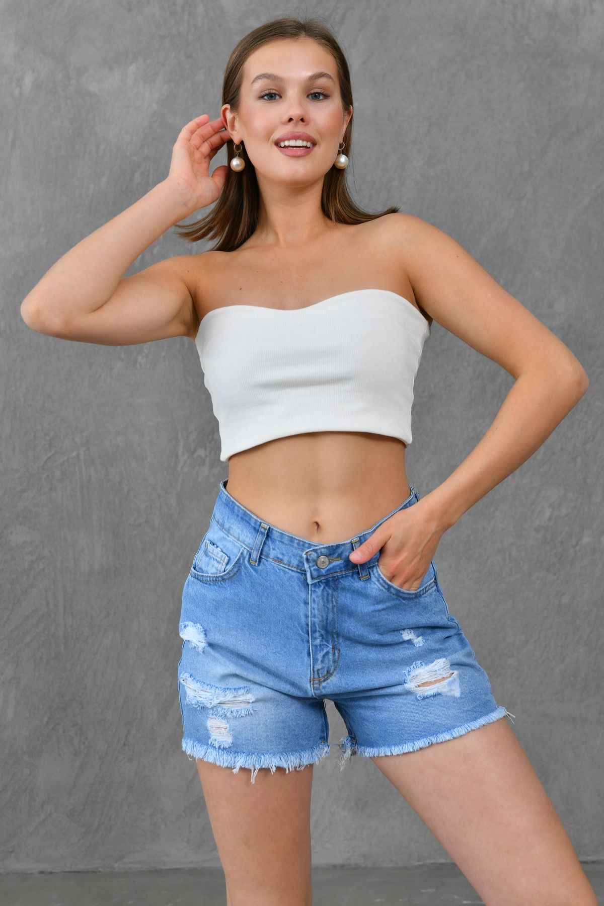 vuvutasarım-Ripped Blue Denim Shorts mit hoher Taille ohne Lycra Ripped Blue Denim Shorts 70344 7