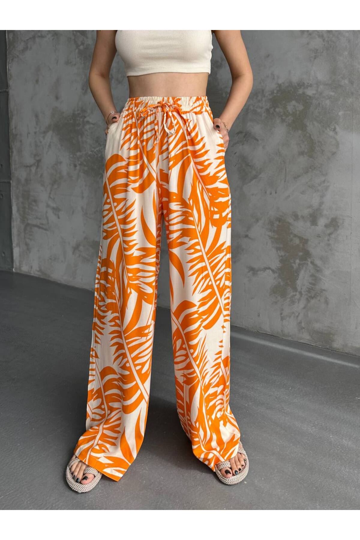 Pantalon large en lin, taille élastique, poches, jambe ample - Görsel 4