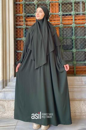 ASİLNUR Asil Ferace Sufle Peçe Takım Haki (ÜÇ PARÇA SET)