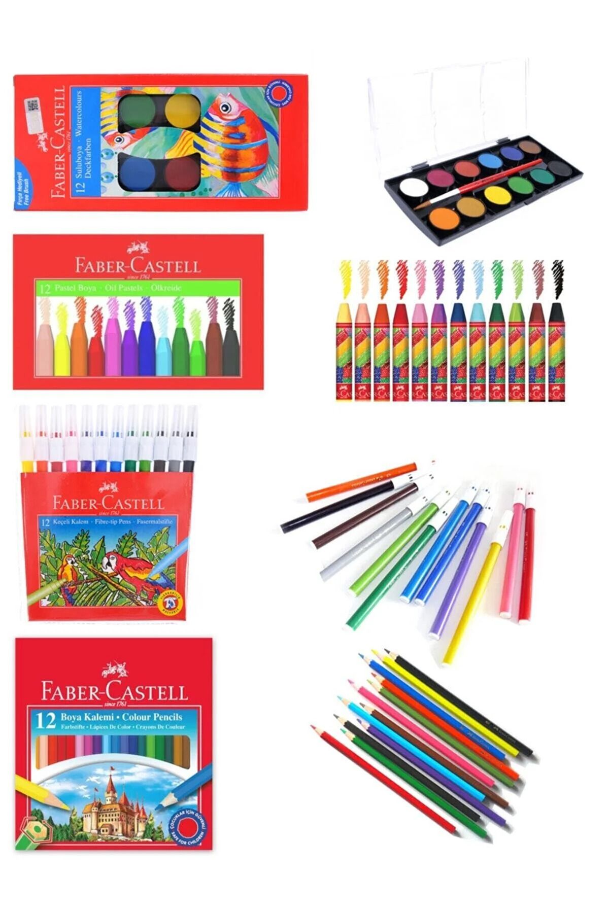 Faber Castell - 4 Lü Boyama Seti - (12'li Kuruboya 12'li Suluboya 12'li Keçeli Kalem 12'li Pastel)