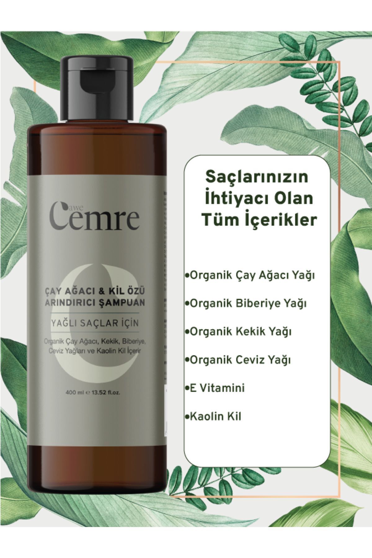 Awe Cemre-Natural Herbal Shampoo - Tea Tree Clay Extract, 400 ml, Purifying and Sebum Balancing 4