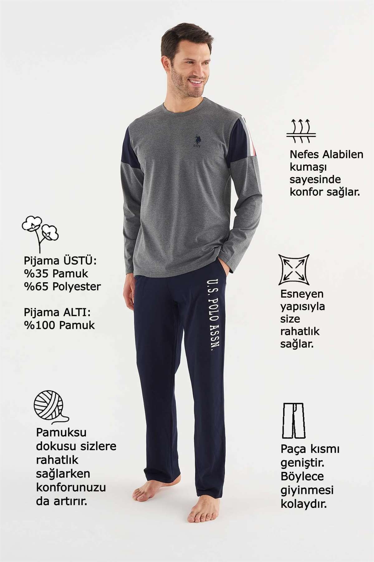 U.S. Polo Assn. ست لباس خواب یقه گرد مردانه آبی سرمه ای