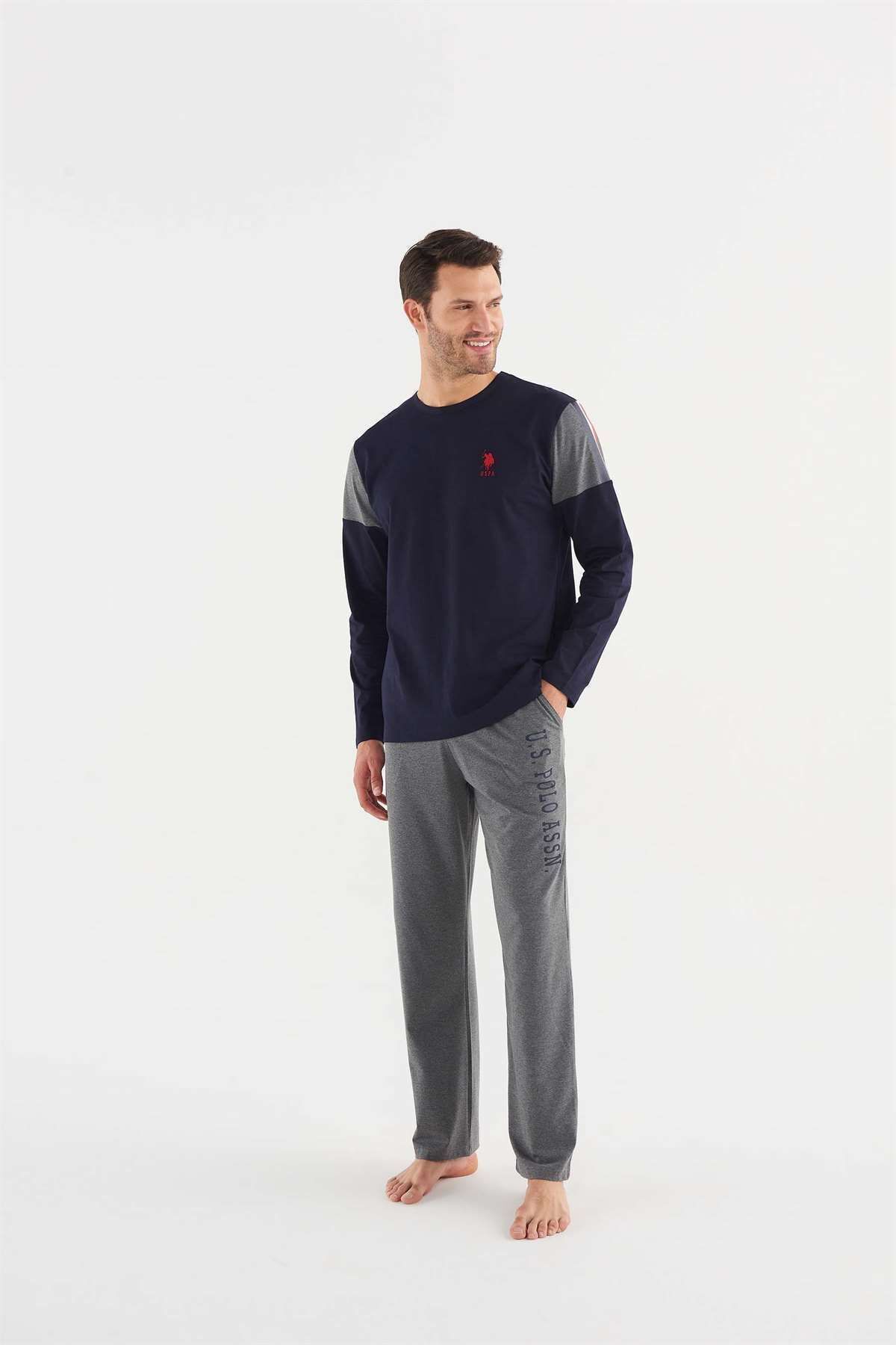 U.S. Polo Assn. ست لباس خواب یقه گرد مردانه آبی سرمه ای