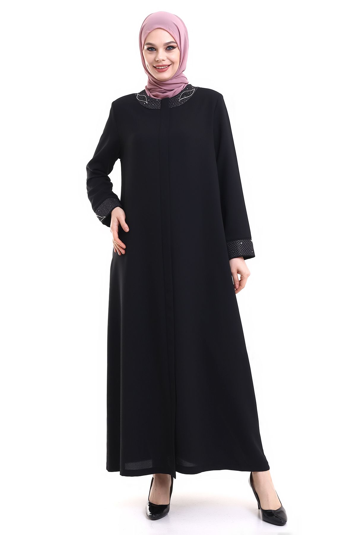 Deep Store Хиджаб Collar and Sleeve Stoned Abaya 23300-23 Черный DRN23300