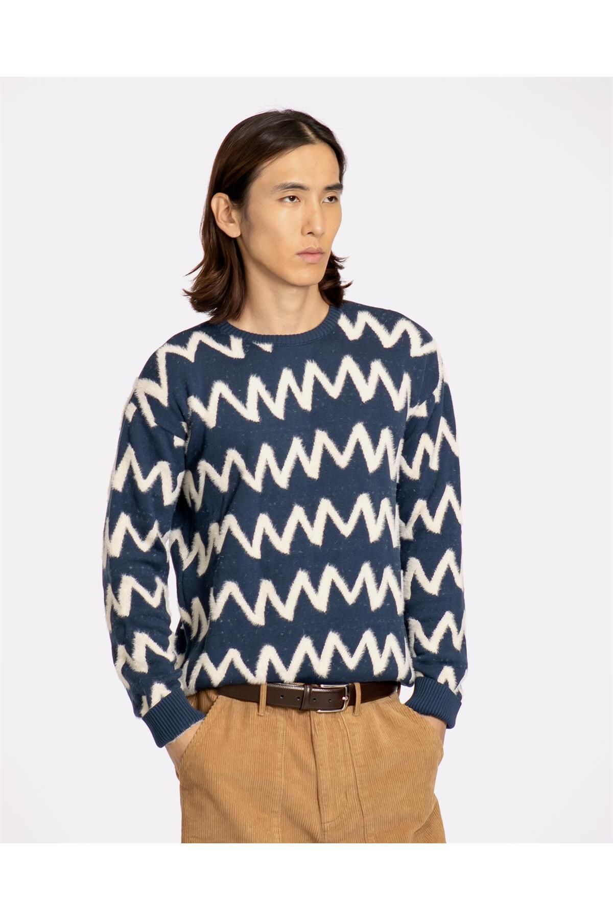 Peraluna-Far Afield DROP SHOULDER KNIT - ZIG Crew Deck Cut standard cu model în zig-zag Tricoturi pentru bărbați Pulover - La 2