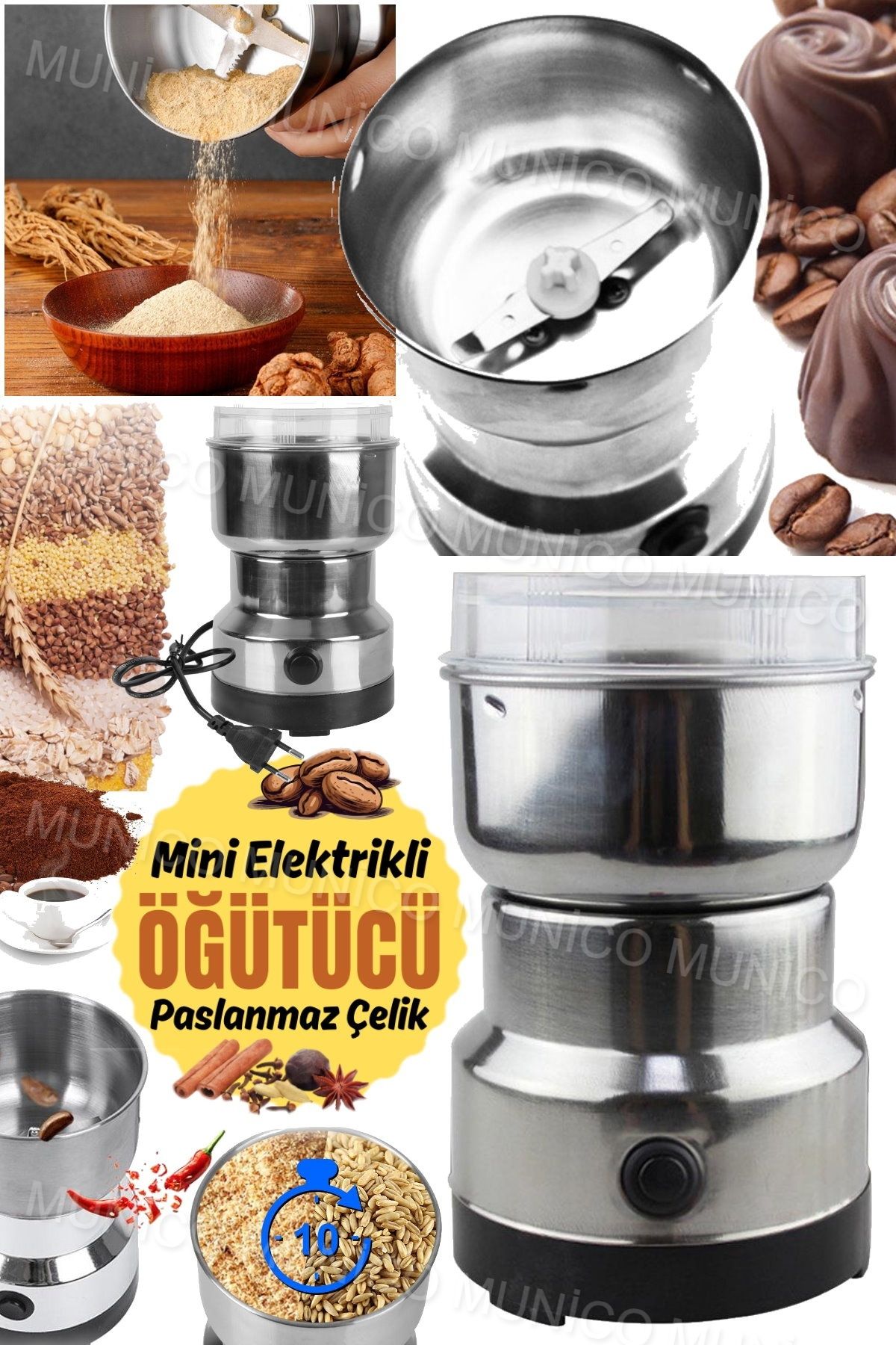 Munico Öğütücü Ev Mini Paslanmaz Çelik Elektrikli Dört Bıçaklı Hızlı Yüksek Güçlü Ultra İnce Kahve Öğütücü