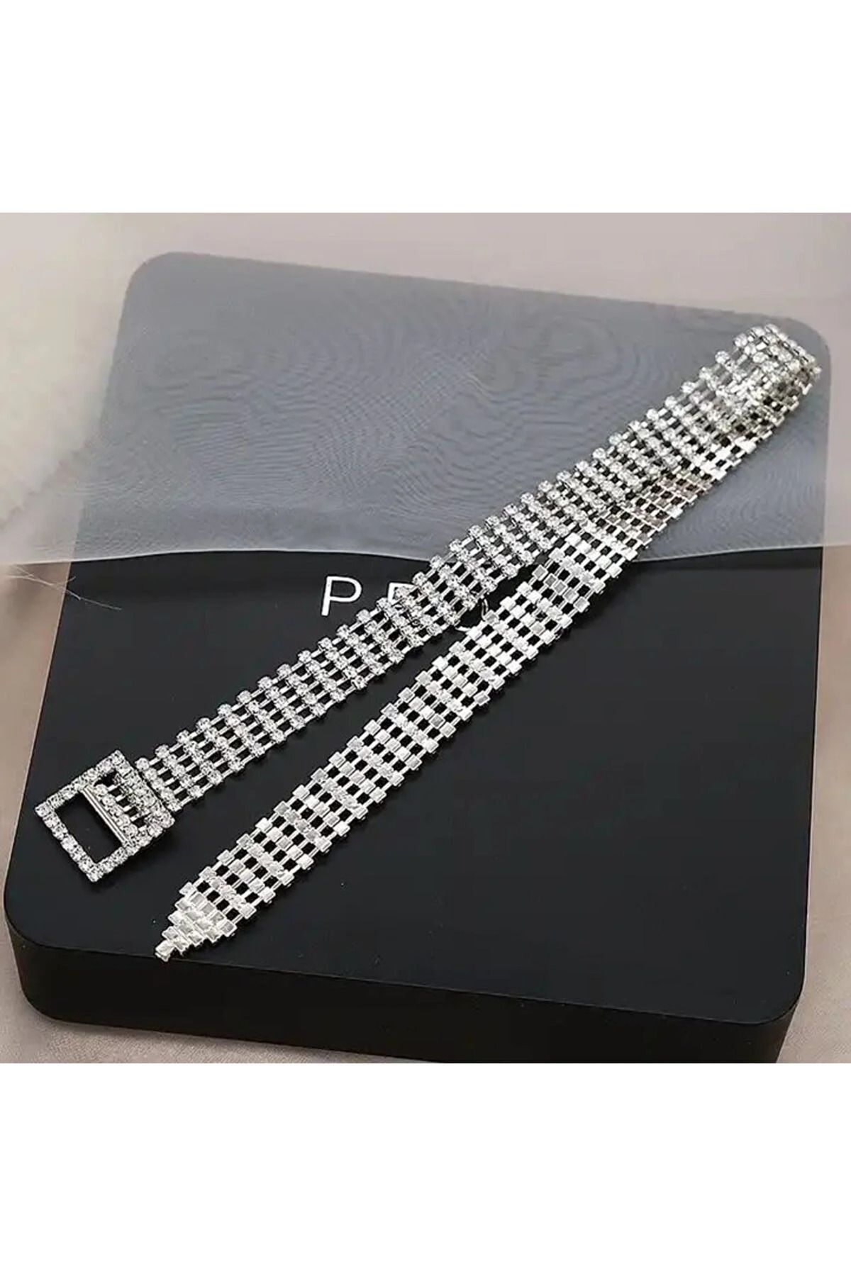 Kristal Taşlı Kemer Choker Kolye Tasarım Su Yolu Kolye Taşlı Choker Gümüş Kaplama Kemer