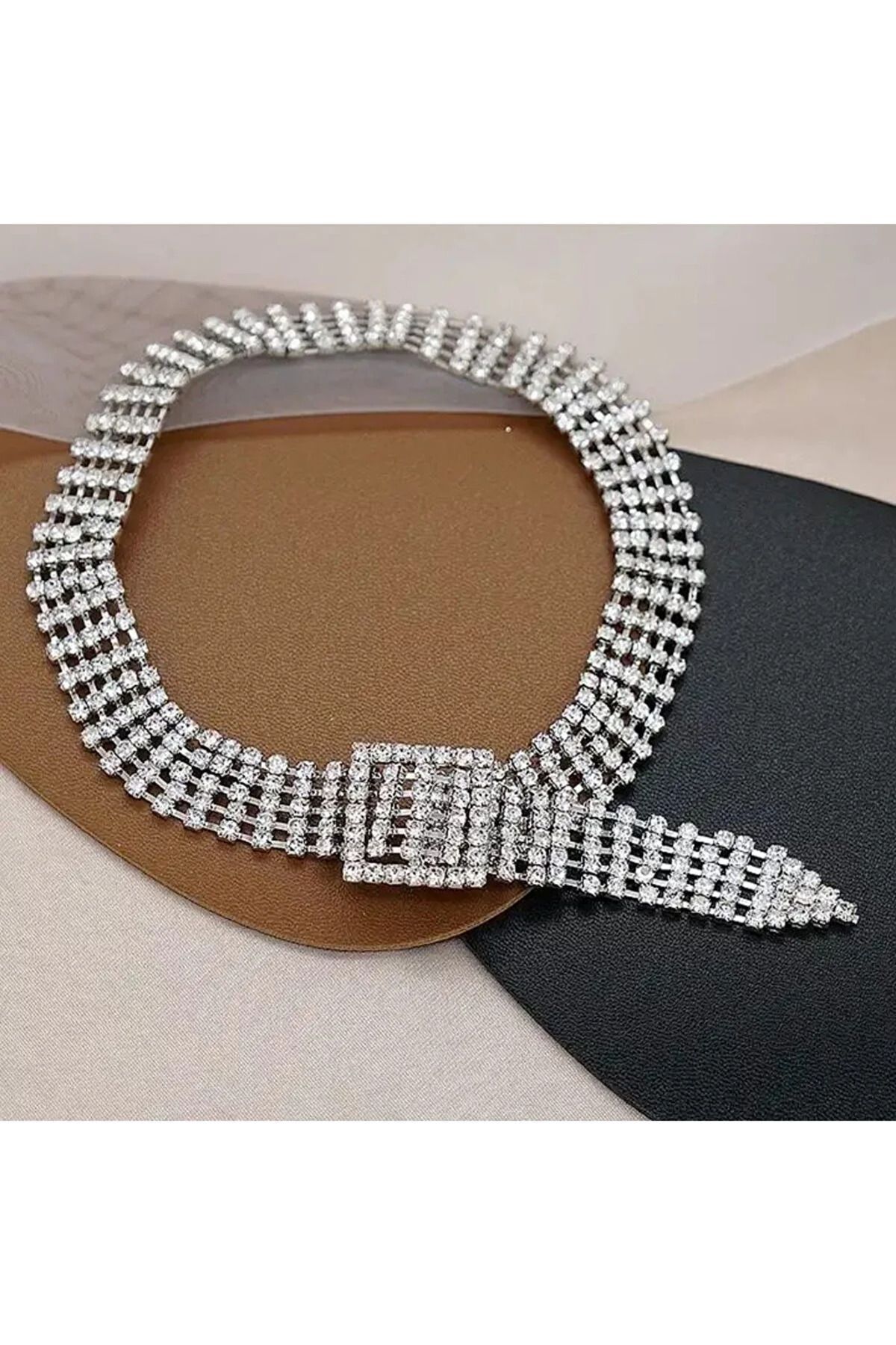 Kristal Taşlı Kemer Choker Kolye Tasarım Su Yolu Kolye Taşlı Choker Gümüş Kaplama Kemer