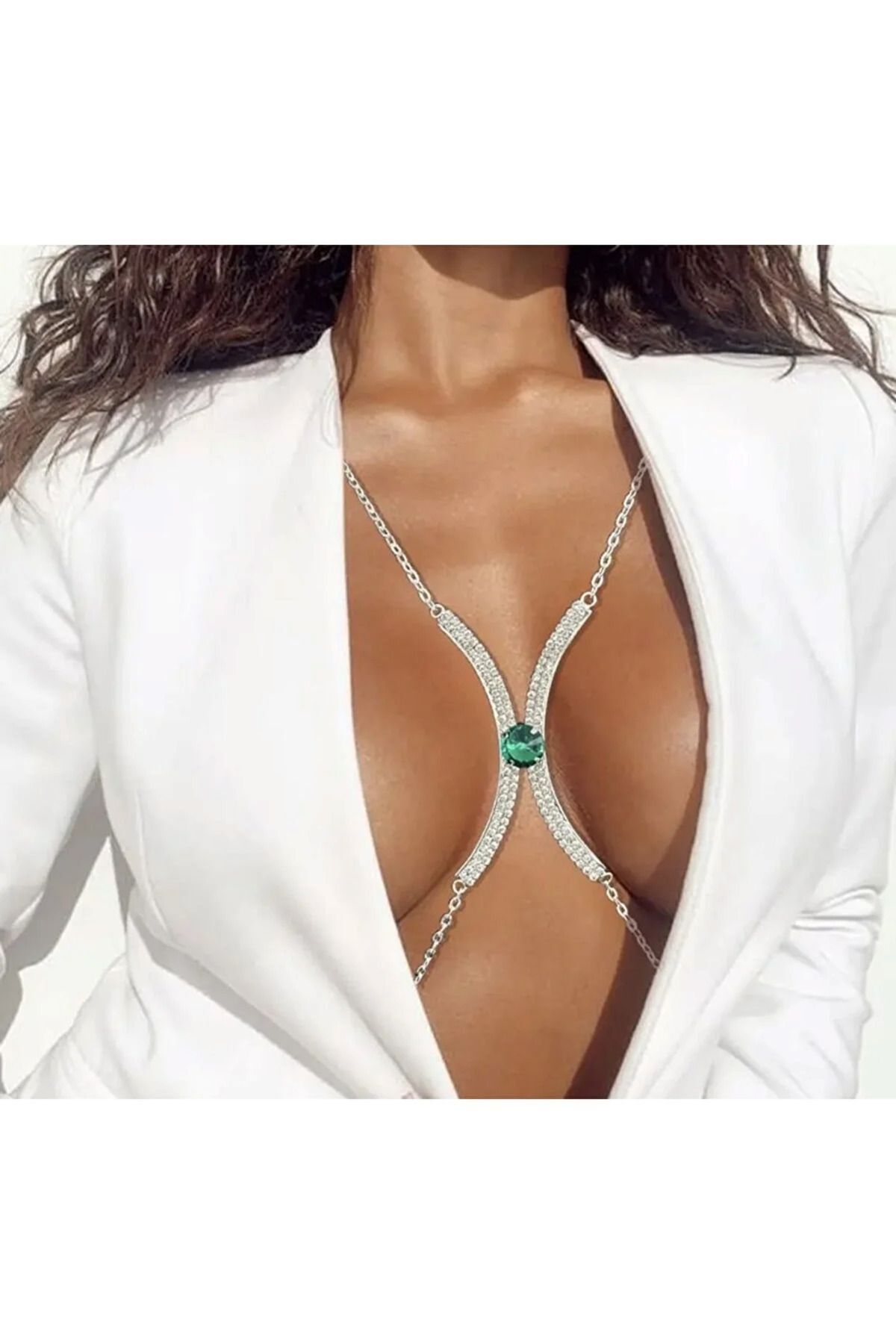 Kristal Yeşil Taşlı Vücut Aksesuarı Göğüs Bikini Sütyen Takısı Dekolte Zinciri Gümüş Kaplama