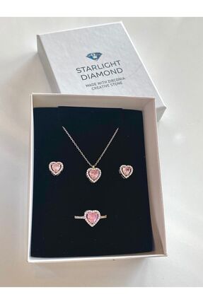 Starlight Diamond Rodyum Kaplama Kalpli Kolye Küpe Yüzük Gümüş Takı Seti