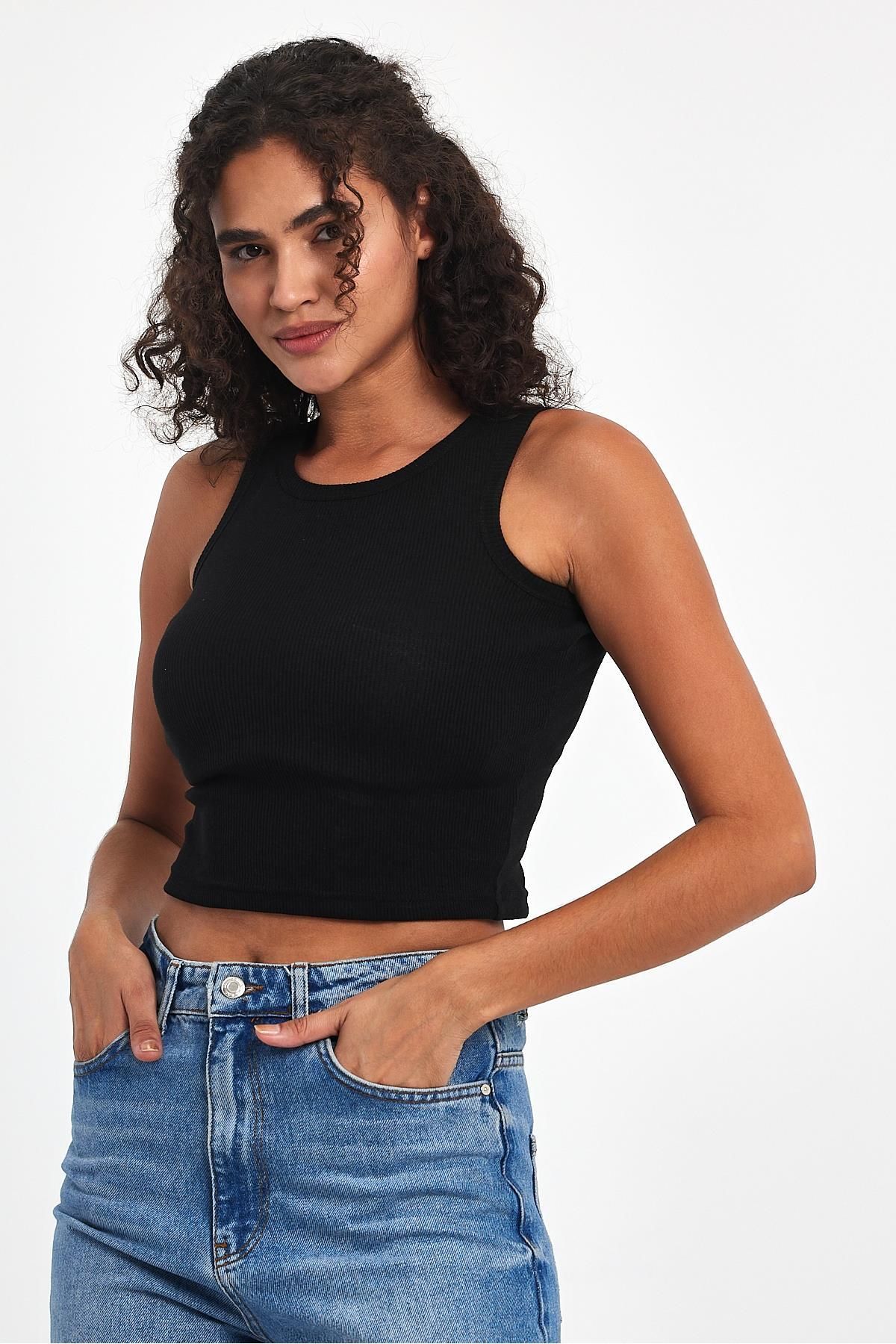 COMEOR Kadın Siyah Fitilli Görünümlü Askılı Kalın Esnek Örme Basic Crop Atlet Bluz