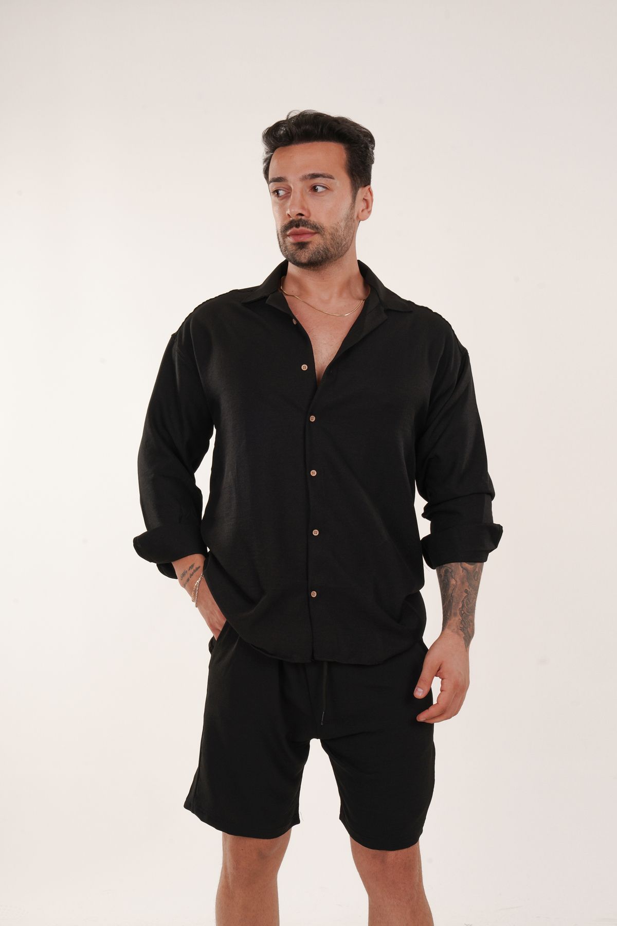 SCSARVİN-Black Linen Shorts Set - Bottom and Top Set TK 3