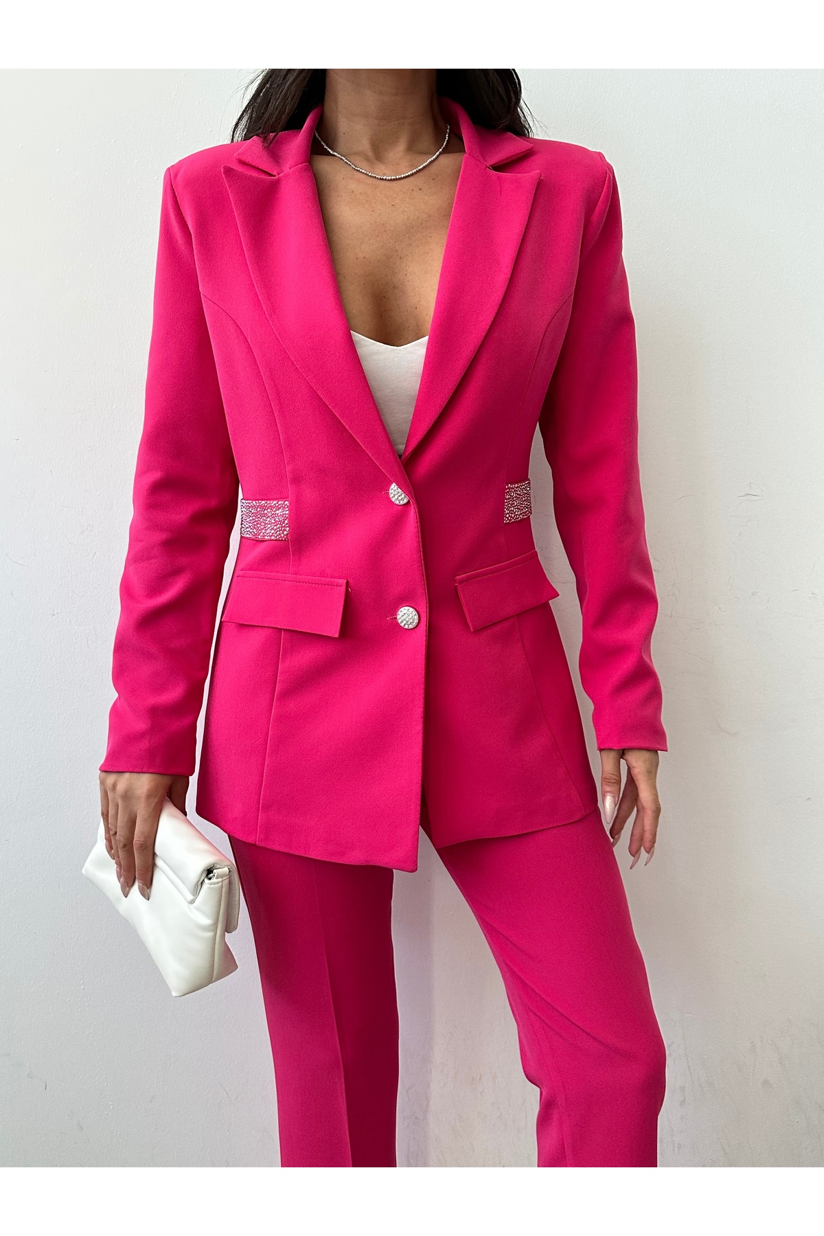 Female Clothing Fuşya Taş Detay Blazer Ceket Esnek Cepli Kemerli Pantolon Takım Elbise