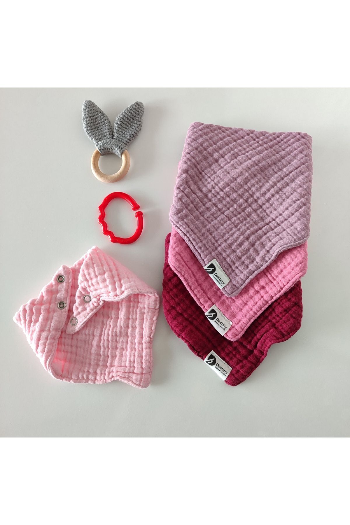 destinyhometex %100 Pamuklu 8 Kat Muslin Kumaş Üç Çıtçıtlı 4'lü Bebek Mama Önlüğü/ağız Mendili