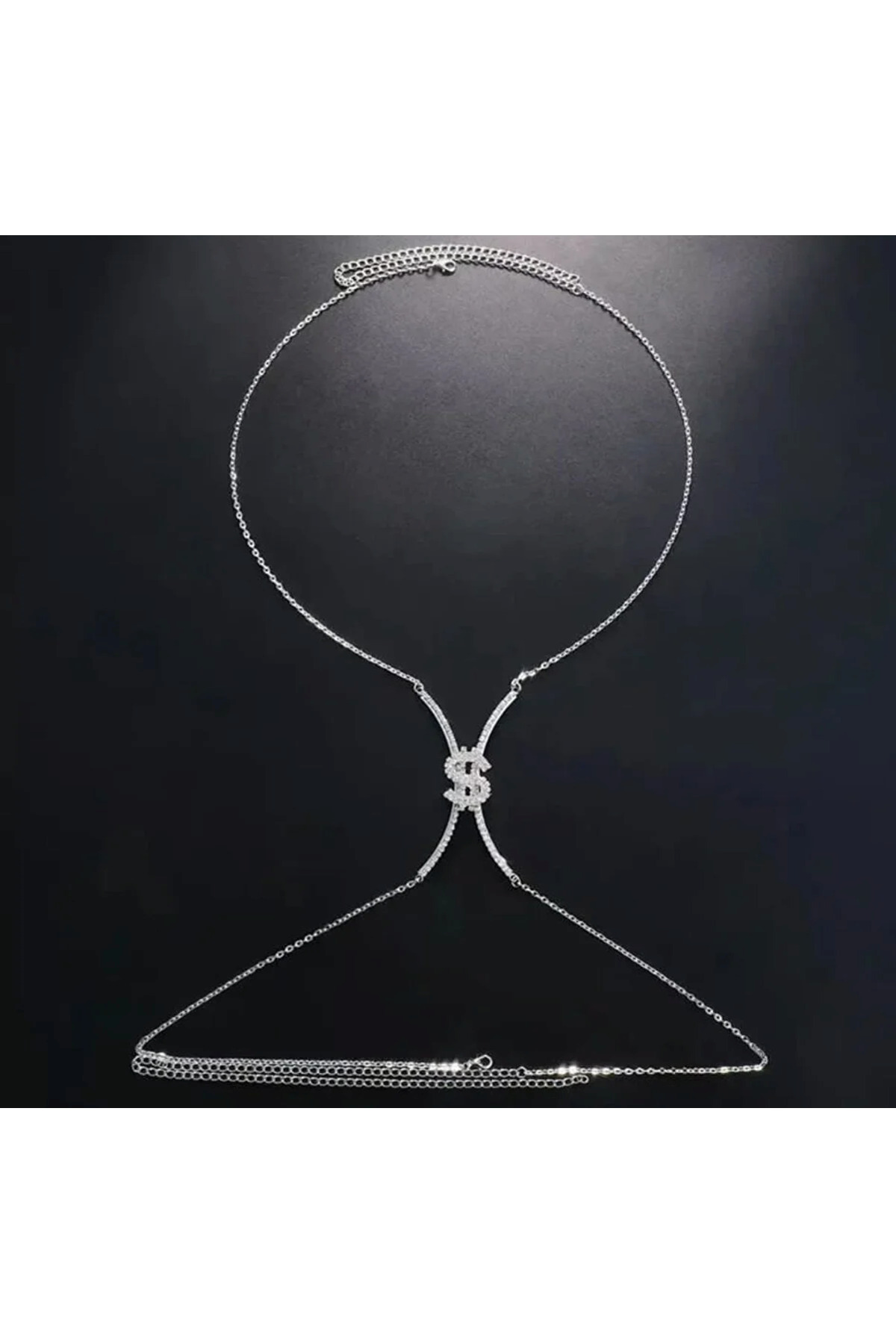 Silver Kristal Taşlı Dolar Vücut Aksesuarı Göğüs Bikini Takısı Sütyen Takısı Dekolte Takısı