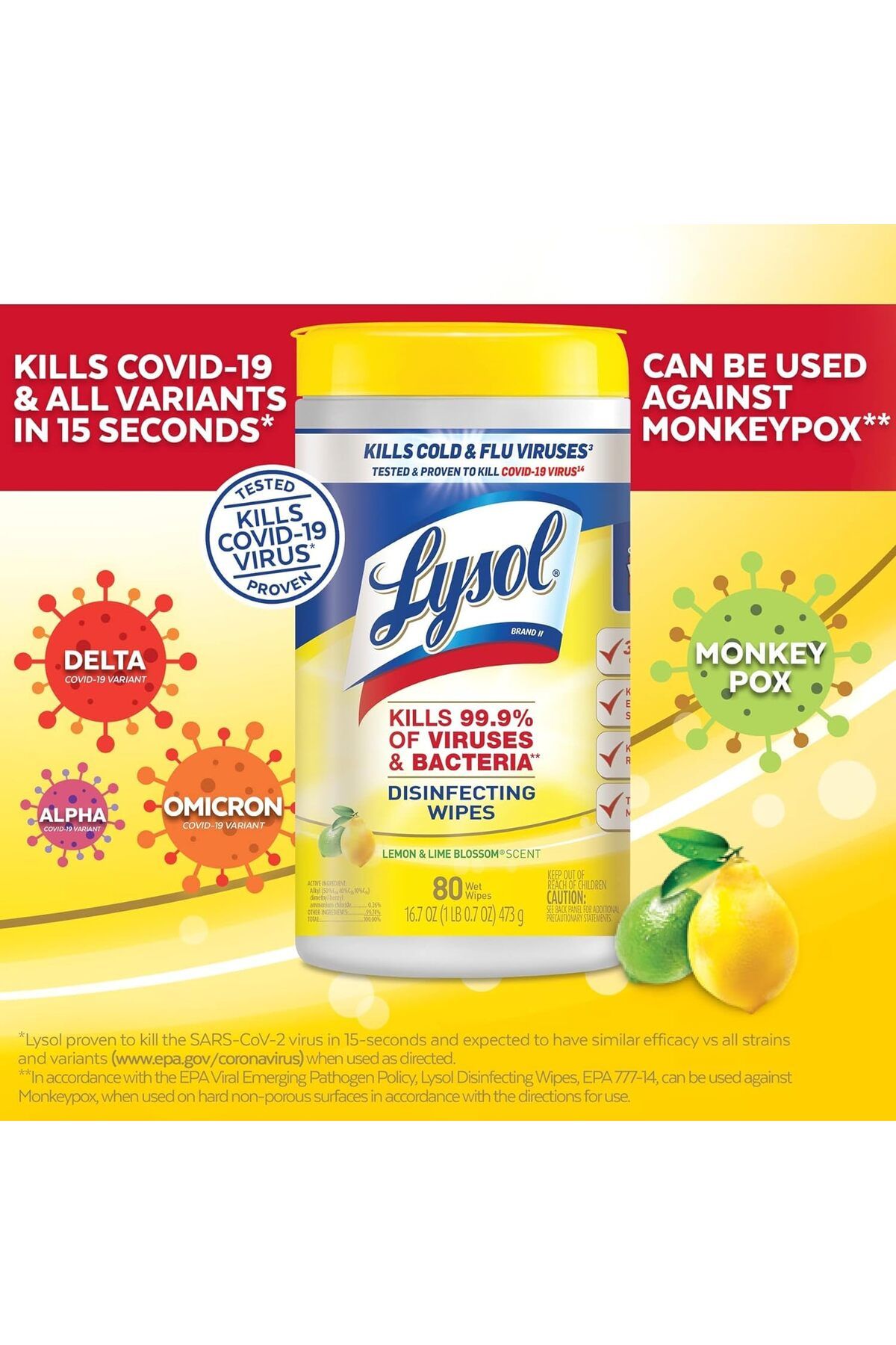 Lyson-LYSOL Disinfectant Wipes, 1 Layer, 7x7,25, Lemon and Lime Flower, White, 80 Wipes (Itjhal) 5