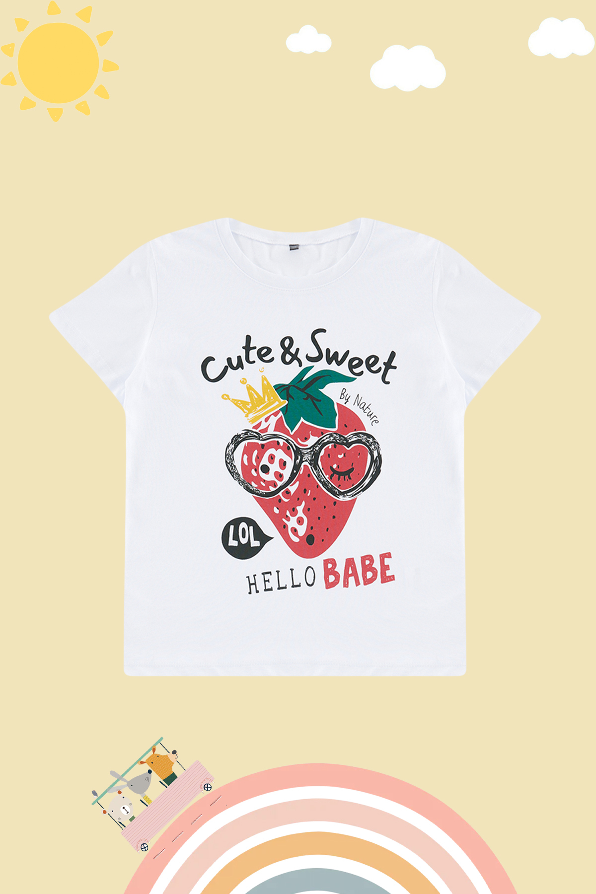 Trendyolmilla Kids Beyaz Kız Çocuk %100 Pamuk Çilek Desenli Regular/Normal Kalıp Kısa Kol Örme T-Shirt TKDSS24TS00043