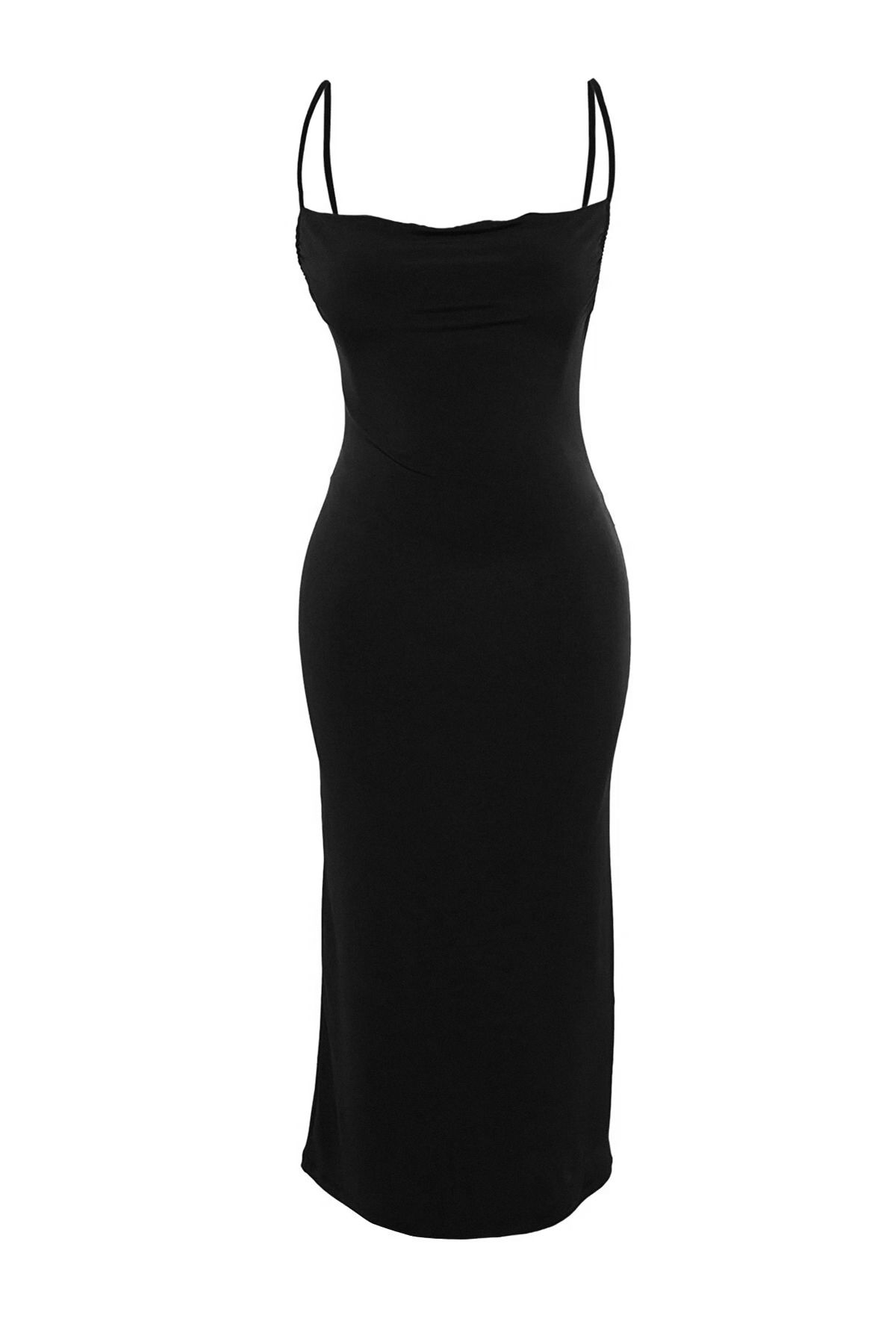 Trendyol Collection-Schwarzes, figurbetontes Midi-Bleistiftkleid aus flexiblem Strick mit Degaje-Kragen und Midi-Trägern TWOSS19AD0020 9