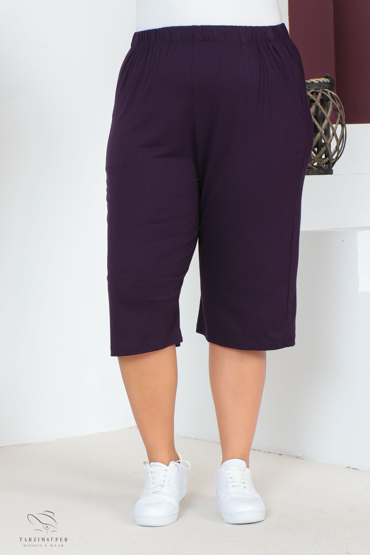tarzımsüper-Women's Large Size Elastic Waist Comfort Model with Pockets Comfortable Fit Lycra Cotton Wide Leg Capri 4