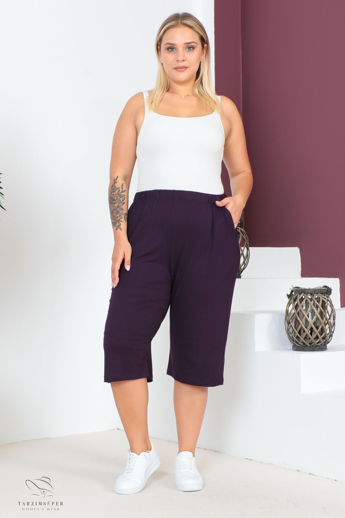tarzımsüper-Women's Large Size Elastic Waist Comfort Model with Pockets Comfortable Fit Lycra Cotton Wide Leg Capri 3