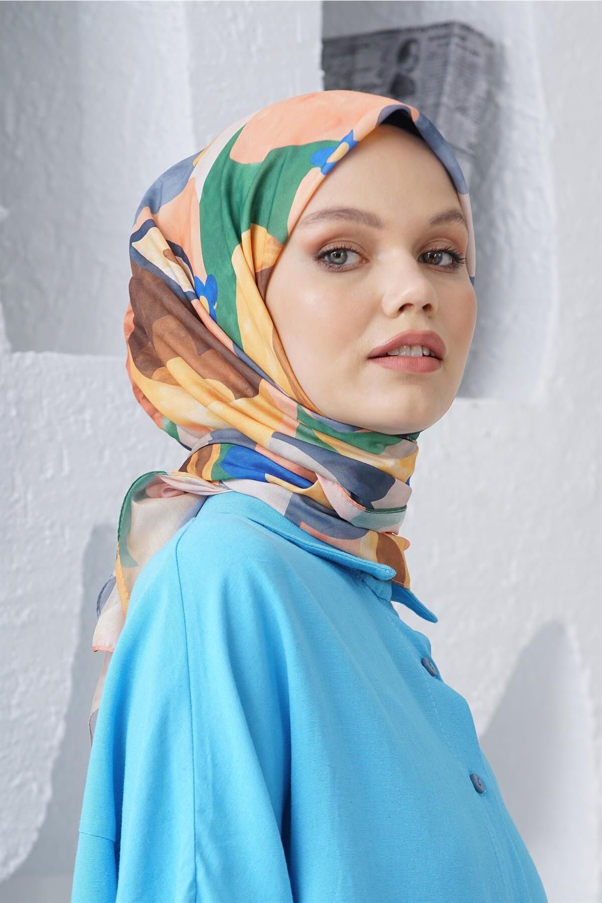 روسری چند رنگ حجاب کتانی مخلوط پنبه آبرنگ الگوی Loryan