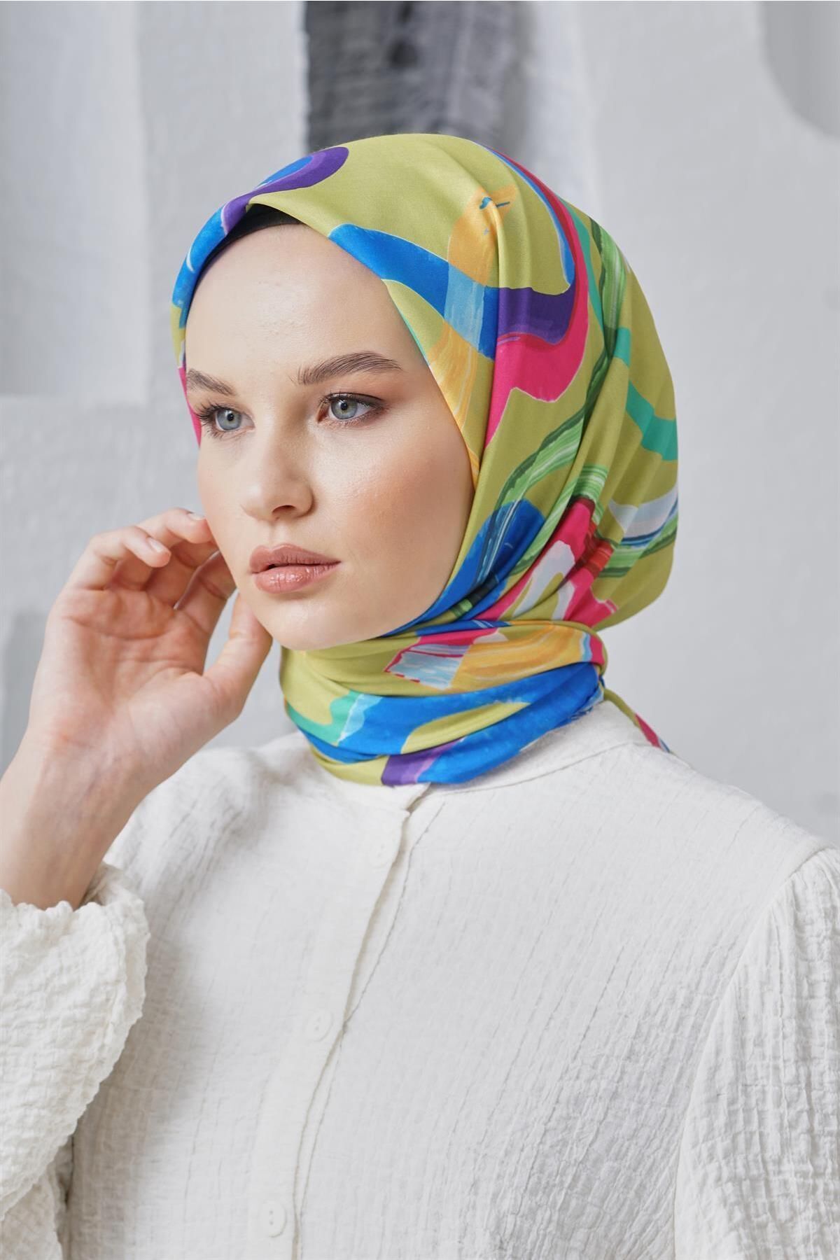روسری سبز حجاب پارچه کتانی مخلوط پنبه بادام زمینی Loryan