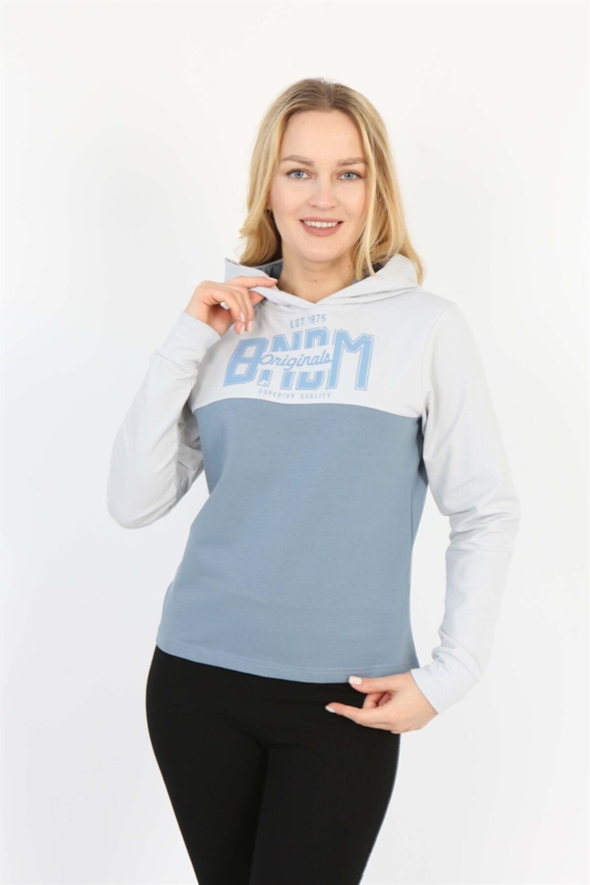 Blue Gray Double Color Hooded Long Sleeve Sweatshirt BMSW - 001 BLUE