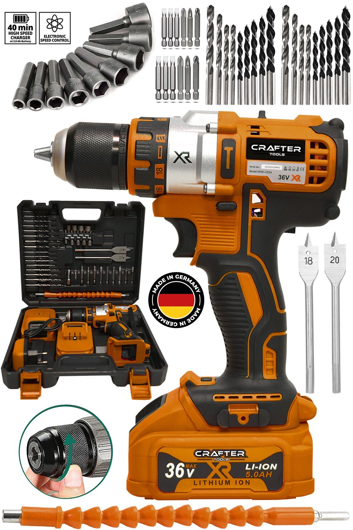 CRAFTERTOOLS 36V 5Ah XR Metal Şanzıman Çelik Mandren Çift Akülü Şarjlı Matkap Akülü Vidalama